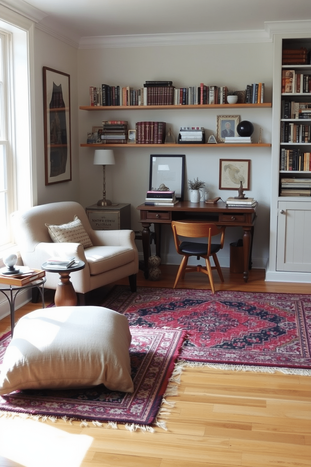 A cozy home study room featuring layered rugs that add texture and warmth to the space. The room includes a stylish wooden desk positioned near a large window, with natural light illuminating the rich colors of the rugs beneath. On one side of the room, a comfortable armchair invites relaxation, complemented by a small side table adorned with books and a decorative lamp. The walls are painted in a soft, neutral hue, and shelves filled with books and personal touches create an inviting and inspiring atmosphere.