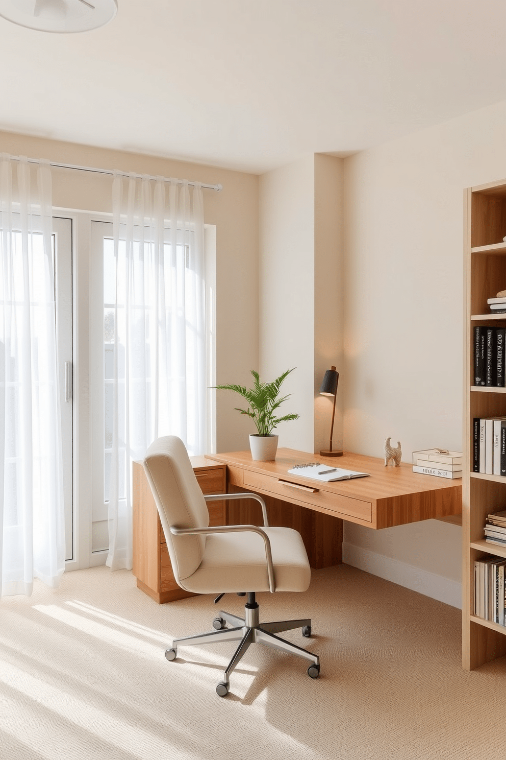 A tranquil home study room featuring neutral tones that promote focus and calm. The walls are painted in a soft beige, complemented by a light oak desk and a plush cream-colored chair. Natural light floods the space through large windows adorned with sheer white curtains. A minimalist bookshelf filled with books and decorative items stands against one wall, while a small potted plant adds a touch of greenery to the desk.