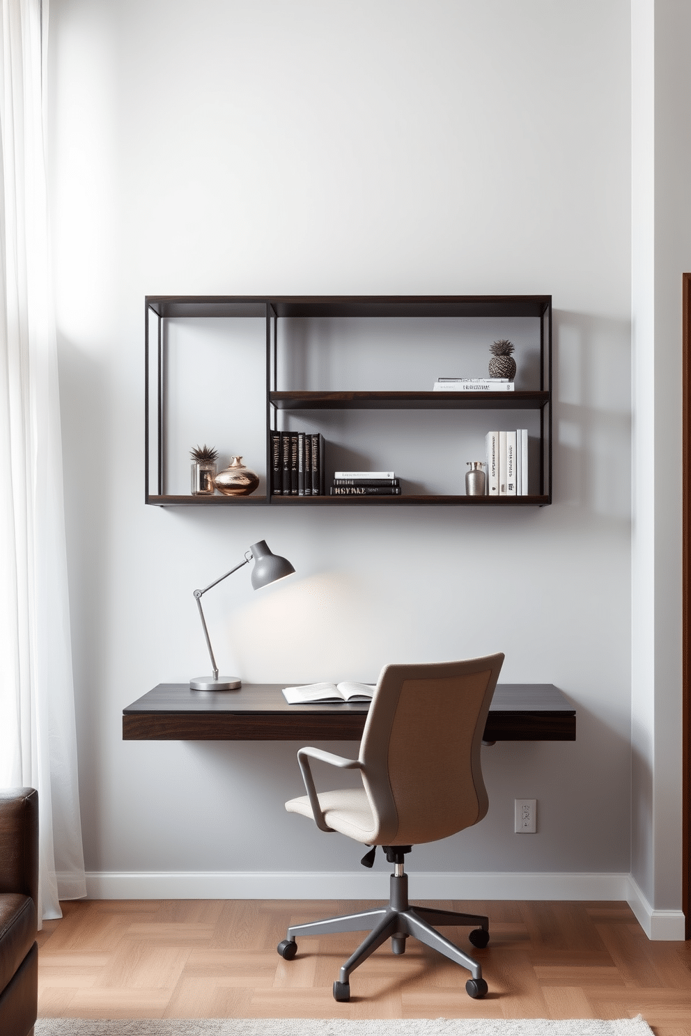 A modern home study room features a sleek floating desk made of dark wood, seamlessly mounted against a light gray wall. Above the desk, minimalist shelving holds a few curated books and decorative items, while a stylish desk lamp provides focused lighting for reading and work. The room is accented by a comfortable ergonomic chair in a soft fabric, positioned to allow for optimal workspace organization. Large windows bring in ample natural light, complemented by sheer curtains that add a touch of elegance while maintaining privacy.