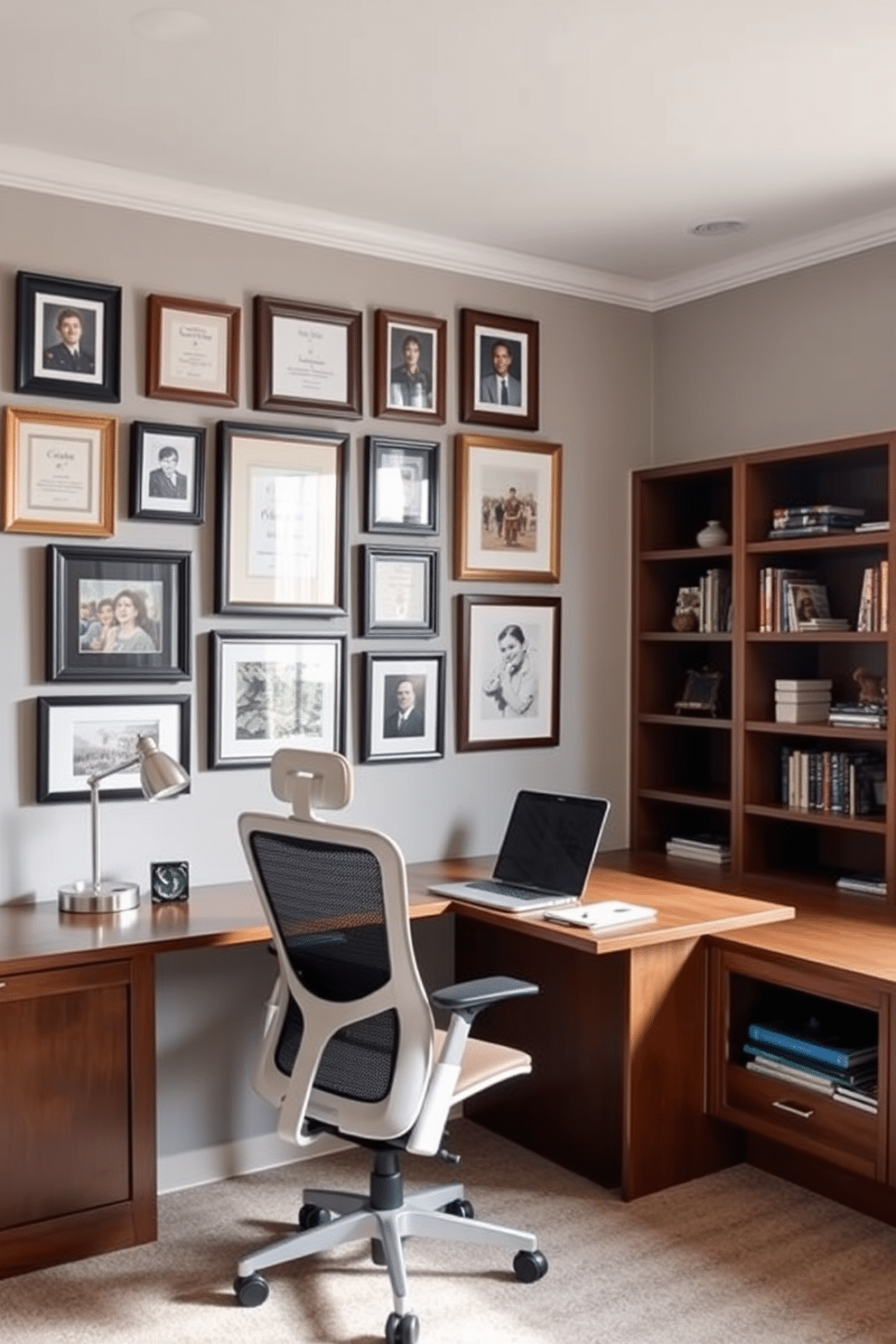 A gallery wall featuring a curated collection of framed achievements and artwork. The wall is painted in a soft gray, providing a neutral backdrop that allows the colorful frames to stand out. The home study room is designed with a modern aesthetic, featuring a sleek wooden desk positioned near a large window for natural light. A comfortable ergonomic chair complements the desk, while built-in shelves display books and decorative items, enhancing the room's functionality and style.