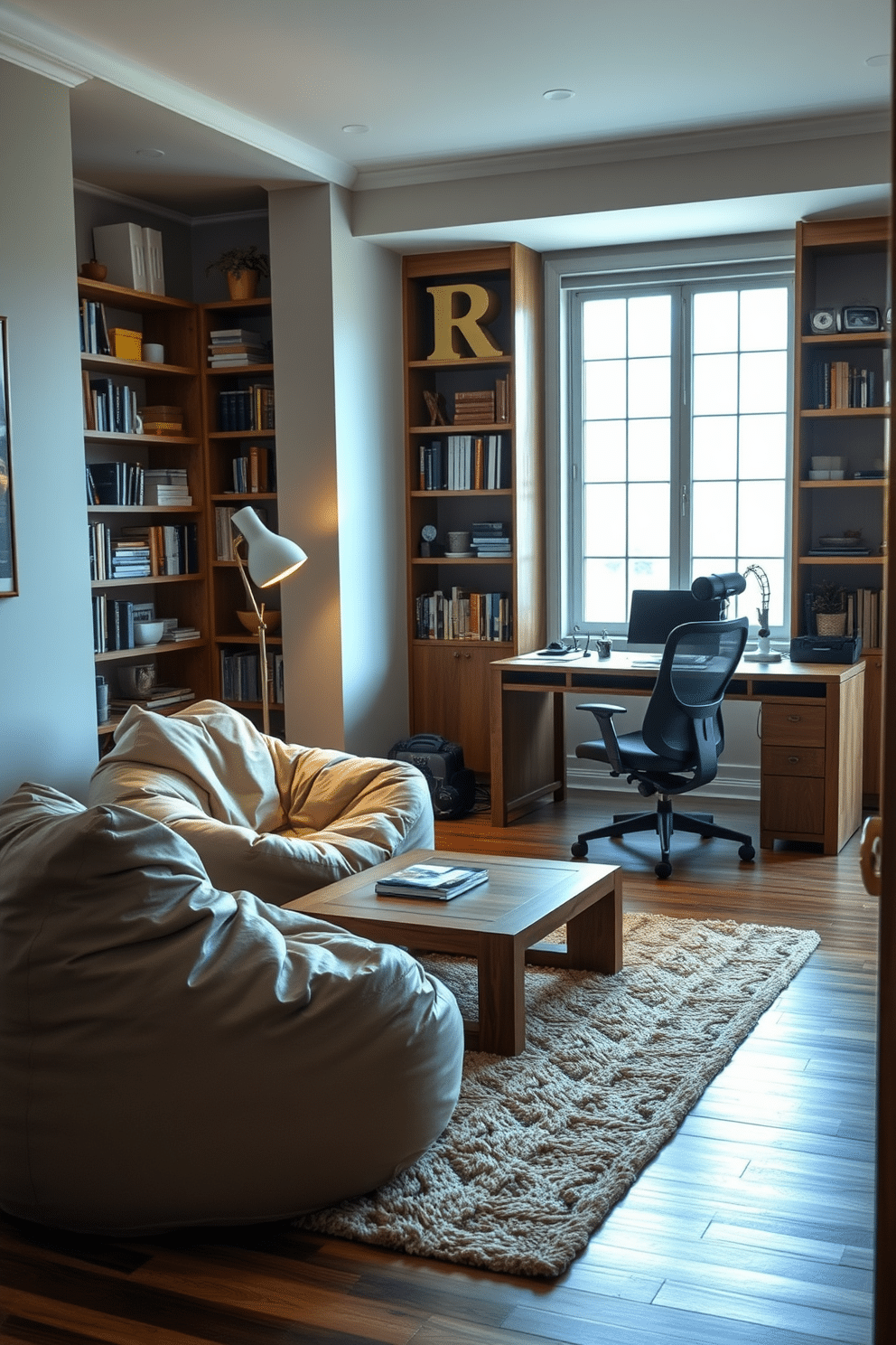 A cozy corner designed for relaxation features oversized bean bags in soft, muted colors, arranged around a low wooden coffee table. A floor lamp with a warm glow stands beside the seating, casting gentle light across a plush area rug. The home study room is designed with a sleek wooden desk positioned against a wall lined with bookshelves filled with books and decorative items. A comfortable ergonomic chair complements the desk, while a large window allows natural light to flood the space, creating an inspiring environment for productivity.