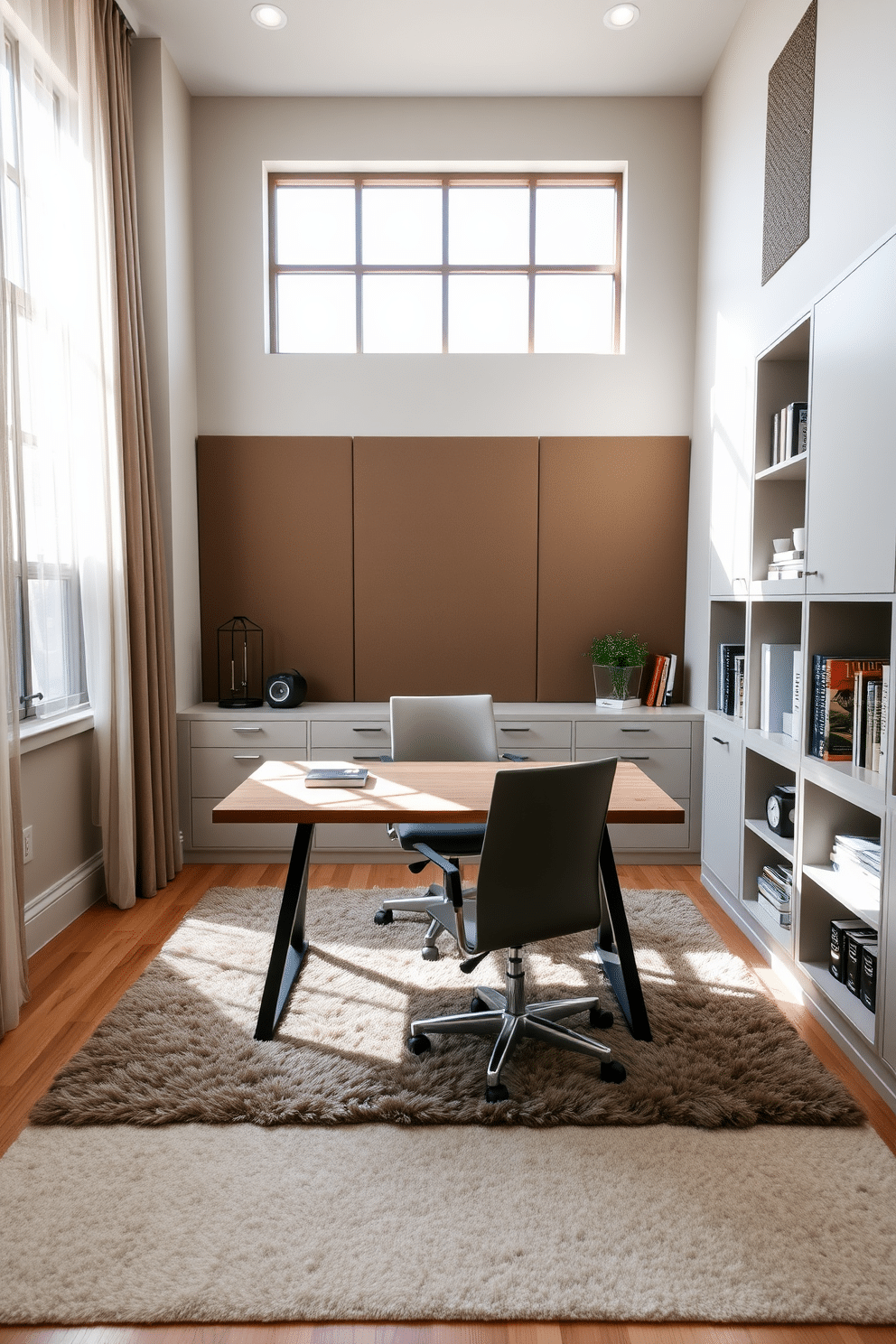 A serene home study room designed for maximum focus and tranquility. The space features soundproofing elements such as acoustic panels on the walls and a plush area rug to absorb noise. Natural light floods the room through large windows, complemented by sheer curtains that diffuse the sunlight softly. A sleek wooden desk sits in the center, paired with an ergonomic chair, while built-in shelves display neatly organized books and decorative items.