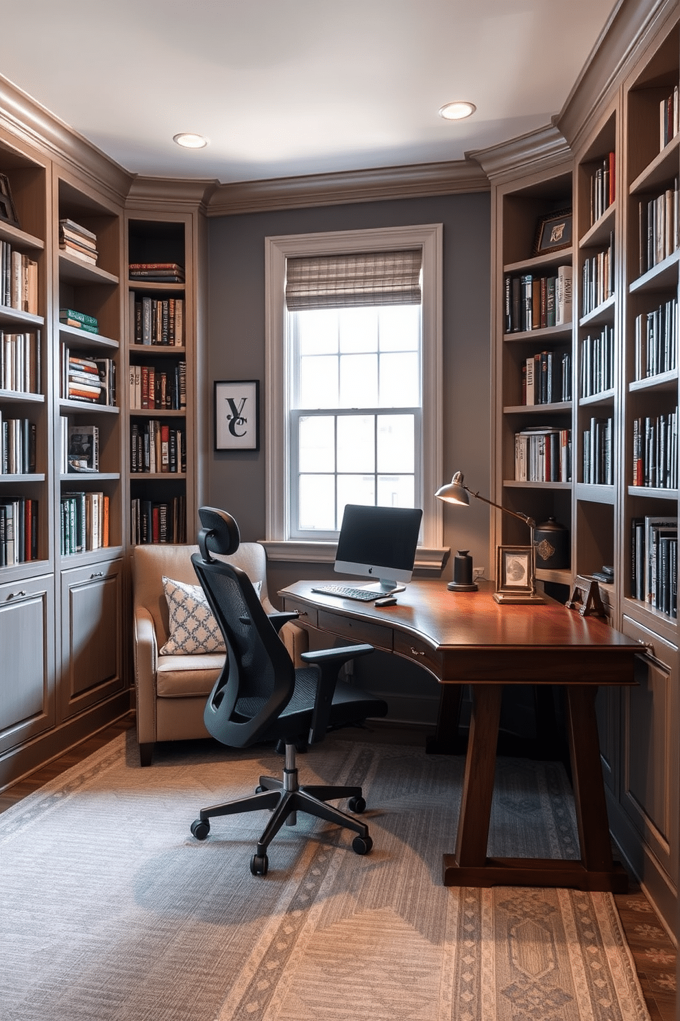 Cozy reading nook with built-in shelves. A plush armchair is nestled in the corner, surrounded by floor-to-ceiling built-in shelves filled with books and decorative items. Home study room design ideas. A large wooden desk faces a window, with a comfortable ergonomic chair and soft lighting creating an inviting workspace.