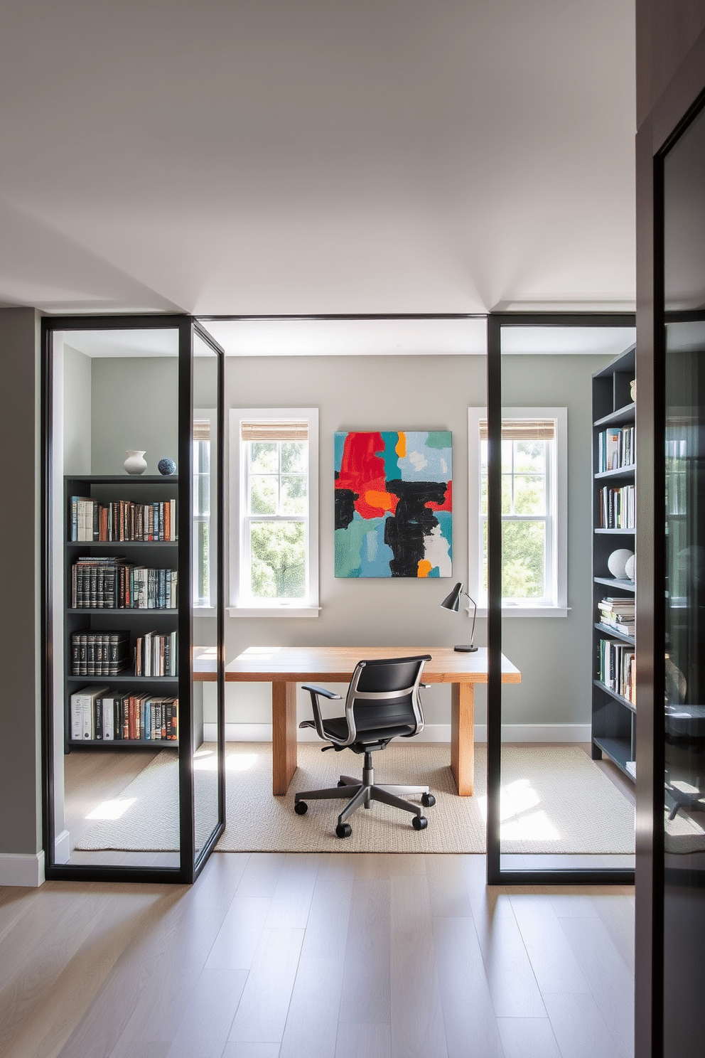 A contemporary home study featuring sleek glass partitions that elegantly separate the workspace from the rest of the room. The study is adorned with a minimalist desk made of reclaimed wood, complemented by a comfortable ergonomic chair and a stylish bookshelf filled with neatly organized books. Natural light floods the space through the glass partitions, creating an open and airy atmosphere. The walls are painted in a soft gray, while a vibrant abstract painting adds a pop of color above the desk, enhancing the overall aesthetic.