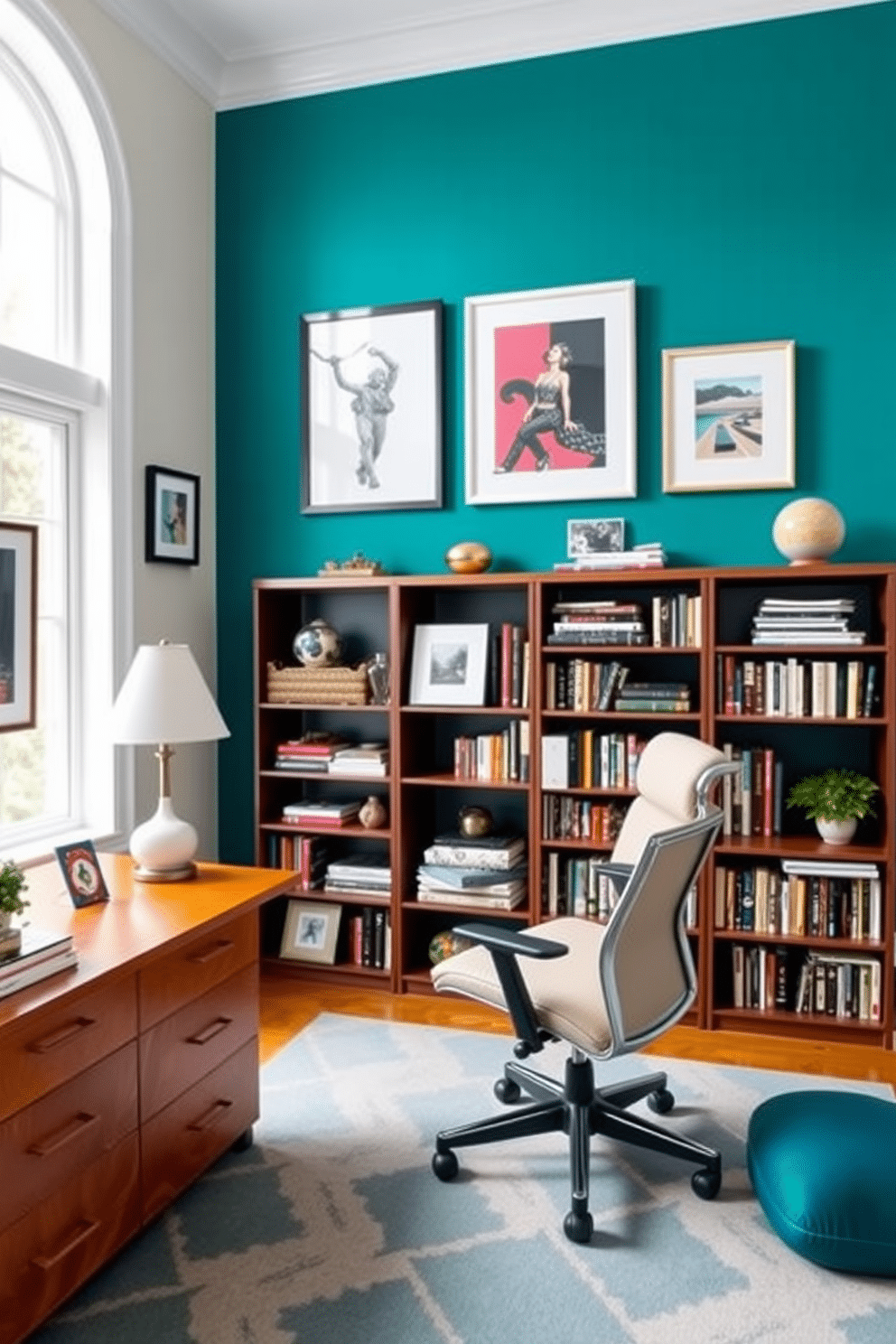 A vibrant home study room features a colorful accent wall painted in a bold teal, adorned with framed artwork that adds personality and flair. The room is furnished with a sleek wooden desk, a comfortable ergonomic chair, and stylish bookshelves filled with books and decorative items.