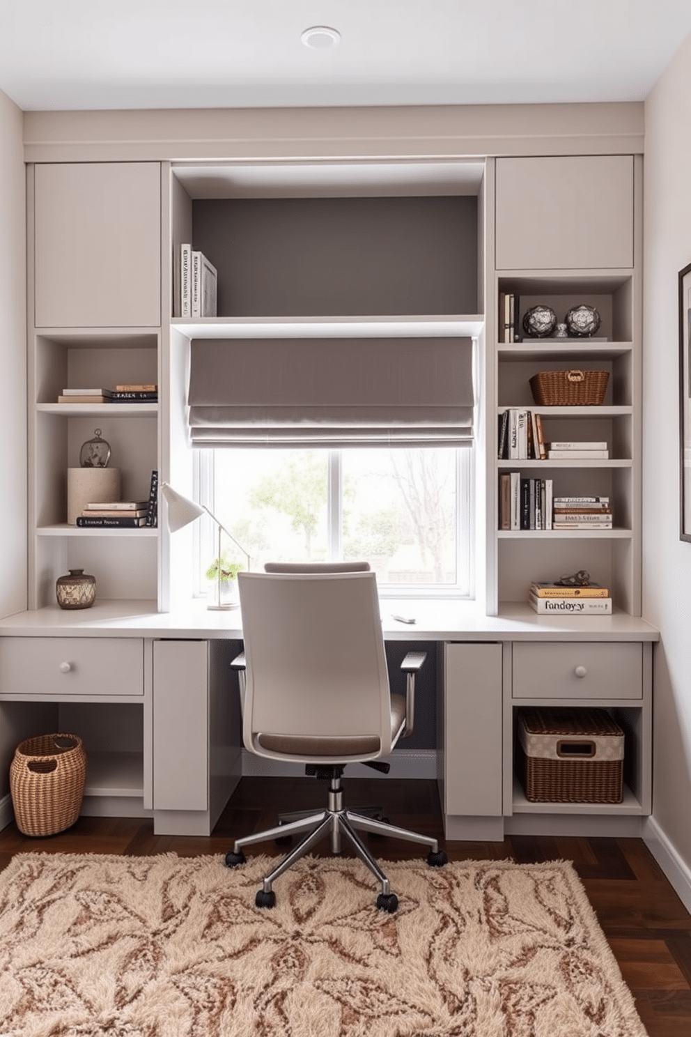 A stylish home study room featuring sleek built-in shelving units that blend seamlessly with the walls, providing ample storage for books and decorative items. A modern desk with a minimalist design sits in front of a large window, allowing natural light to illuminate the space, while a comfortable ergonomic chair encourages productivity. Incorporate stylish storage solutions such as decorative baskets and chic file organizers to reduce clutter while maintaining a sophisticated aesthetic. Soft, neutral tones on the walls and a plush area rug underfoot create a warm and inviting atmosphere, perfect for focused study or work sessions.