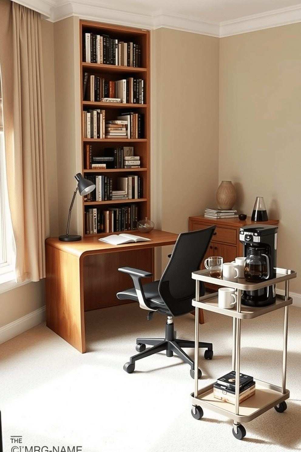 A cozy home study room featuring a small coffee station in the corner. The room is adorned with a sleek wooden desk, complemented by a comfortable ergonomic chair and a stylish bookshelf filled with books and decorative items. Natural light floods the space through a large window, highlighting the warm, neutral color palette of soft beige and muted greens. A compact coffee station sits on a stylish cart, complete with a coffee maker, mugs, and a selection of coffee beans, adding a touch of convenience and warmth to the study.