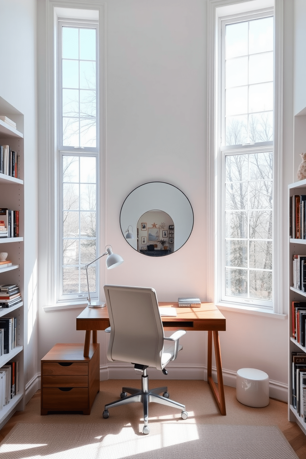 A bright and airy home study room featuring large windows that flood the space with natural light. The walls are painted in a soft white, complemented by a sleek wooden desk positioned in front of the windows, with a comfortable ergonomic chair. On the desk, a stylish desk lamp provides additional lighting, while shelves filled with books and decorative items line the walls. A large, round mirror is mounted opposite the windows to reflect light and create a sense of openness, enhancing the room's inviting atmosphere.