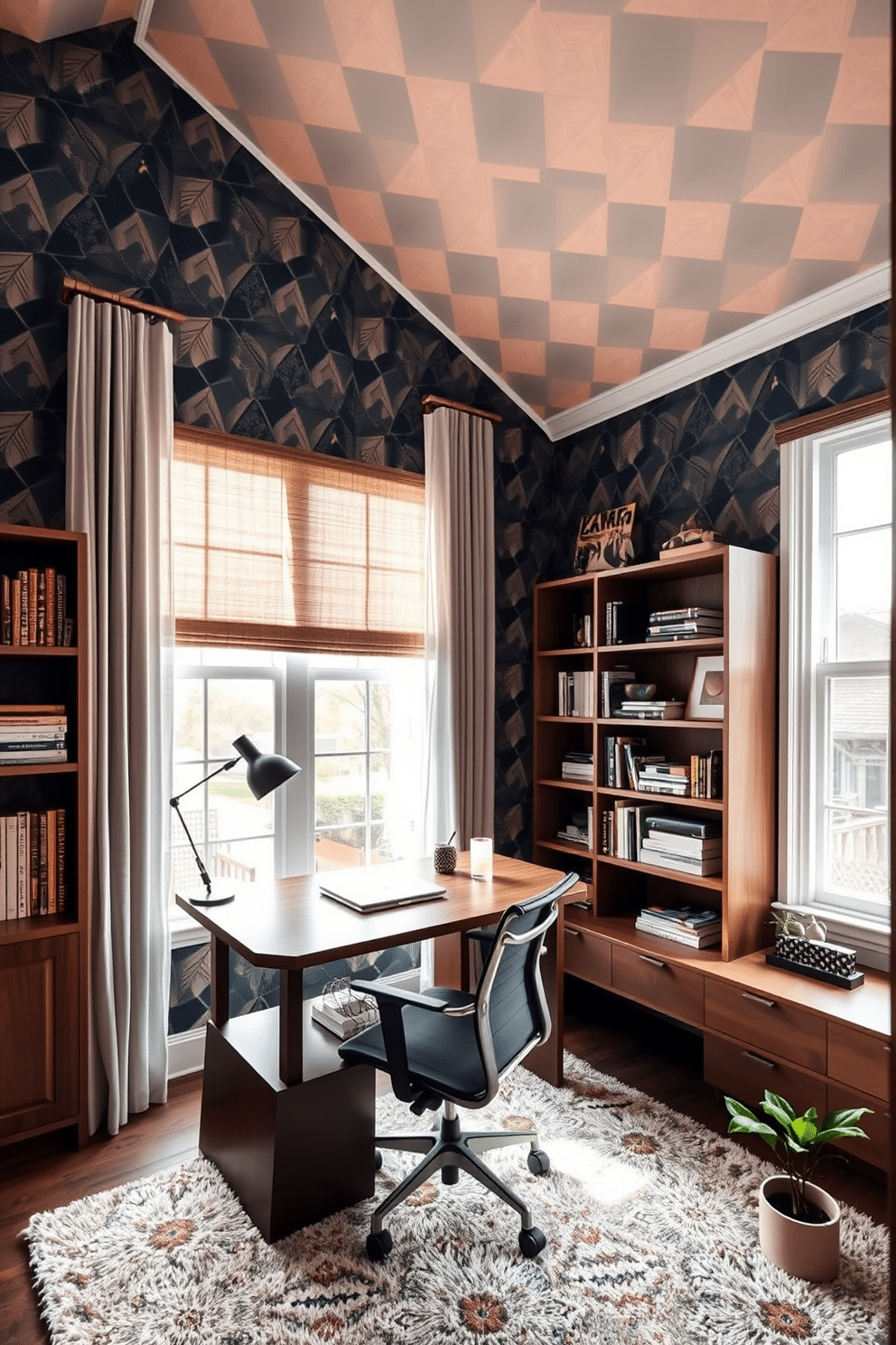 A home study room featuring bold wallpaper in a geometric pattern that creates a striking focal point. The room is furnished with a sleek wooden desk, complemented by a comfortable ergonomic chair and stylish shelving units filled with books and decorative items. Natural light floods the space through large windows adorned with sheer curtains, enhancing the vibrant colors of the wallpaper. A plush area rug anchors the room, while a small potted plant adds a touch of greenery to the overall design.