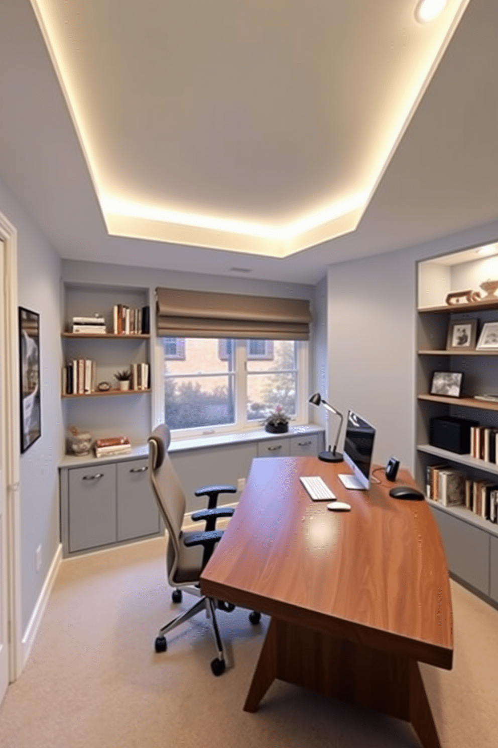 A cozy home study room designed for productivity and comfort. The space features adjustable lighting options, including a sleek desk lamp and recessed ceiling lights that can be dimmed for different tasks. The walls are painted in a calming light blue, creating a serene atmosphere. A large wooden desk sits against the window, accompanied by an ergonomic chair and shelves filled with books and decorative items.