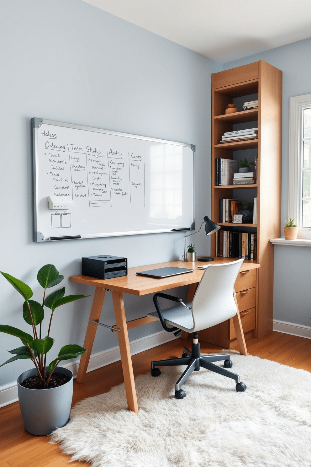 A stylish home study room featuring a large whiteboard mounted on the wall, ideal for brainstorming and planning. The room is furnished with a sleek wooden desk and an ergonomic chair, positioned to take advantage of natural light from a nearby window. The walls are painted in a calming light blue, complemented by a cozy bookshelf filled with books and decorative items. A plush area rug lies under the desk, and a potted plant adds a touch of greenery to the space, creating an inspiring and functional environment.