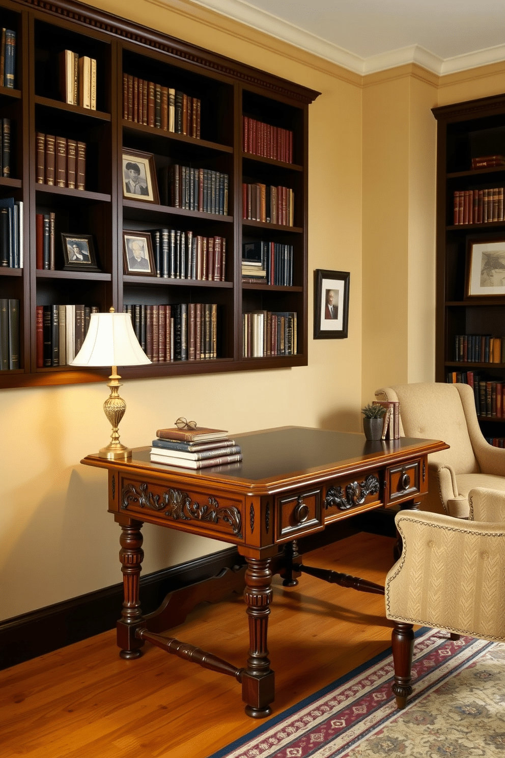 A cozy home study room featuring a vintage wooden desk with intricate carvings and a rich mahogany finish. The desk is adorned with a classic brass lamp, a stack of leather-bound books, and a small potted plant for a touch of greenery. The walls are painted in a warm beige tone, complemented by dark wooden bookshelves filled with books and framed photographs. A plush armchair sits in the corner, inviting relaxation, while a patterned area rug adds warmth to the hardwood floor.