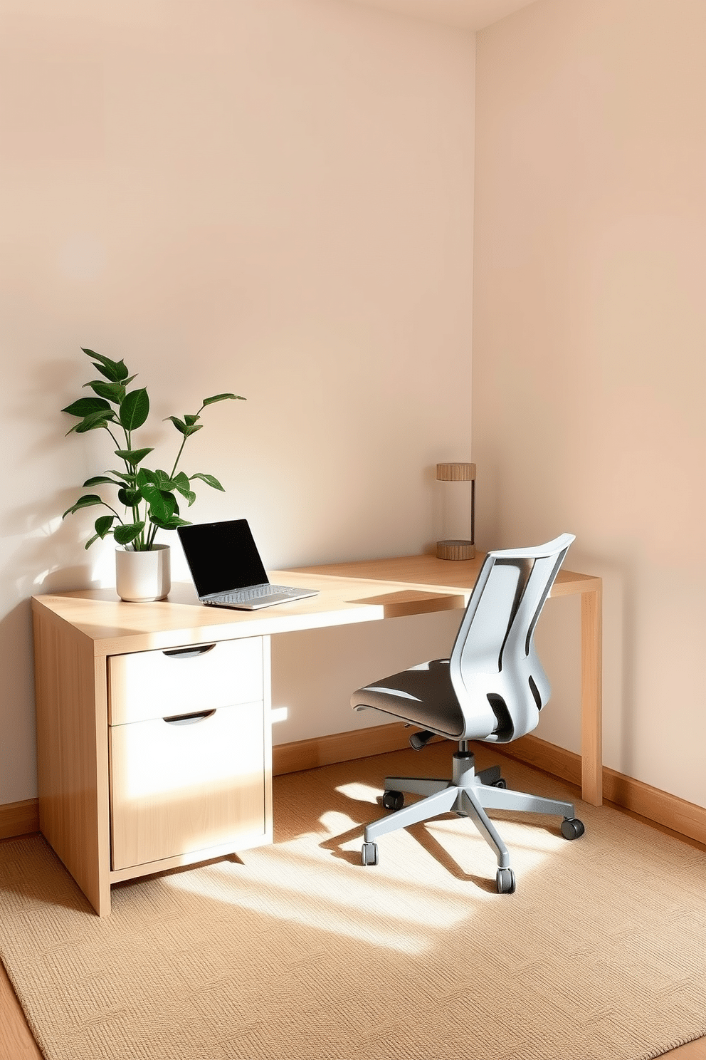 A serene study corner designed for tranquility and focus. The space features a minimalist wooden desk with a soft, natural finish, paired with a comfortable ergonomic chair in a muted color. A lush indoor plant sits in the corner, adding a touch of greenery and promoting a calming atmosphere. The walls are painted in a soft beige, and a cozy area rug in earthy tones anchors the space beneath the desk.