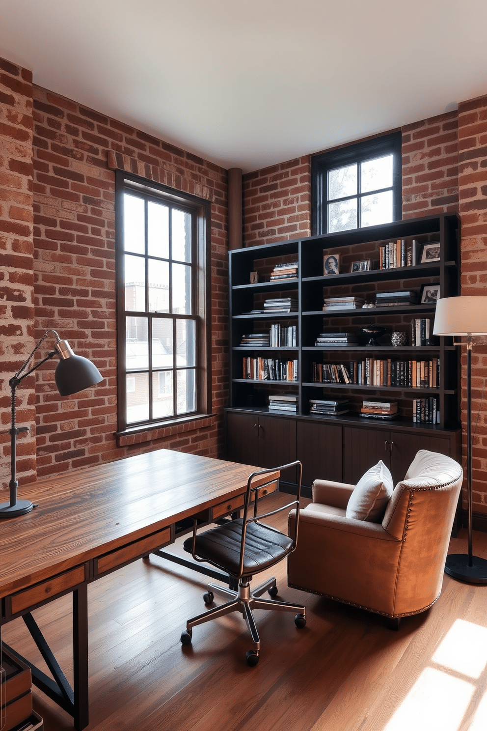 A home study room designed in an industrial style features exposed brick walls that create a raw and authentic atmosphere. The space includes a large wooden desk with metal accents, paired with a vintage leather chair for a touch of sophistication. Natural light floods the room through large factory-style windows, illuminating the dark wooden shelves filled with books and decorative items. A cozy reading nook with a plush armchair and a floor lamp adds warmth to the otherwise minimalist design.