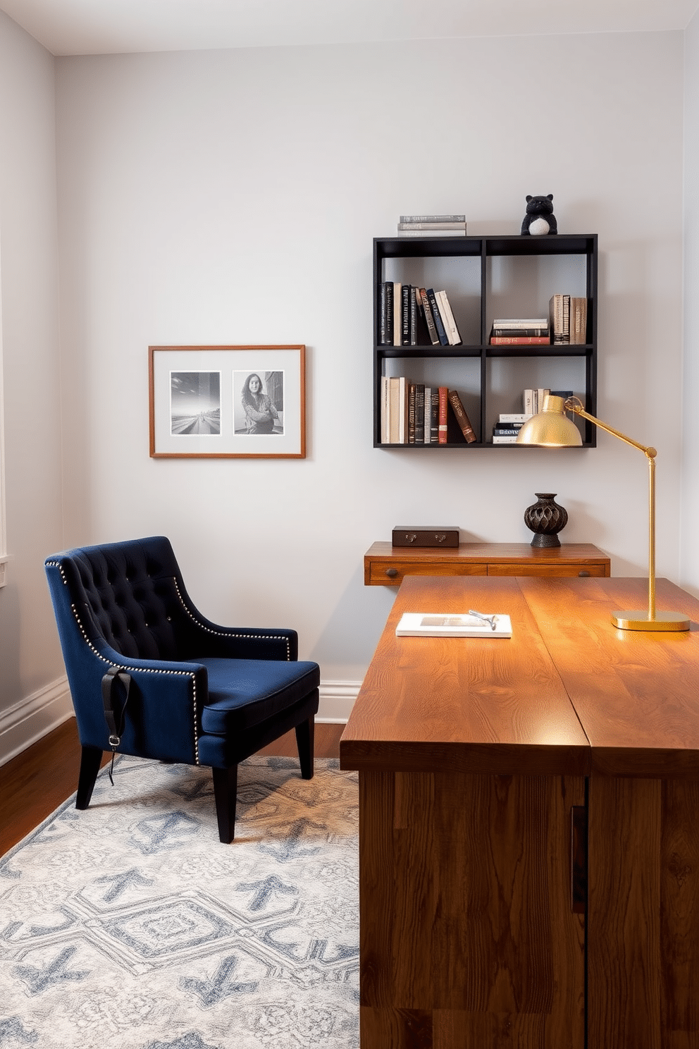 A cozy home study room featuring a plush velvet armchair in deep navy, paired with a reclaimed wood desk that showcases natural grain patterns. The walls are adorned with soft, light gray paint, while a large area rug with a geometric pattern adds warmth underfoot. A wall-mounted bookshelf made of industrial metal holds a curated collection of books and decorative items, creating an inviting focal point. Warm ambient lighting is provided by a sleek desk lamp with a brass finish, complementing the overall sophisticated aesthetic.