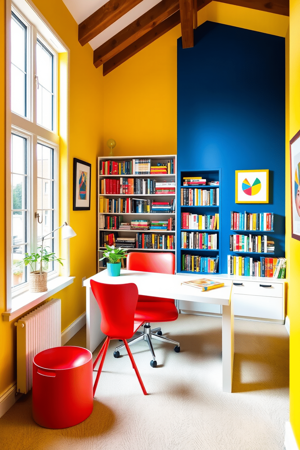 A bright and cheerful home study room filled with vibrant colors. The walls are painted in a lively yellow, complemented by a deep blue accent wall featuring a large bookshelf filled with colorful books. A sleek white desk sits in the center, adorned with a bright red chair and a green potted plant. Natural light floods the space through large windows, and cheerful artwork hangs on the walls, adding to the uplifting ambiance.