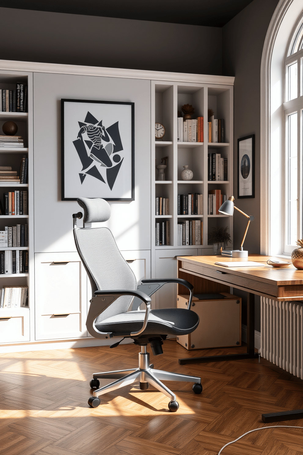 A stylish home study room featuring an ergonomic chair designed for maximum comfort during long study sessions. The chair is upholstered in a soft, breathable fabric and has adjustable features to support the perfect posture. The study room is adorned with a sleek wooden desk, positioned near a large window that floods the space with natural light. Shelves filled with books and decorative items line the walls, creating an inviting and inspiring atmosphere.