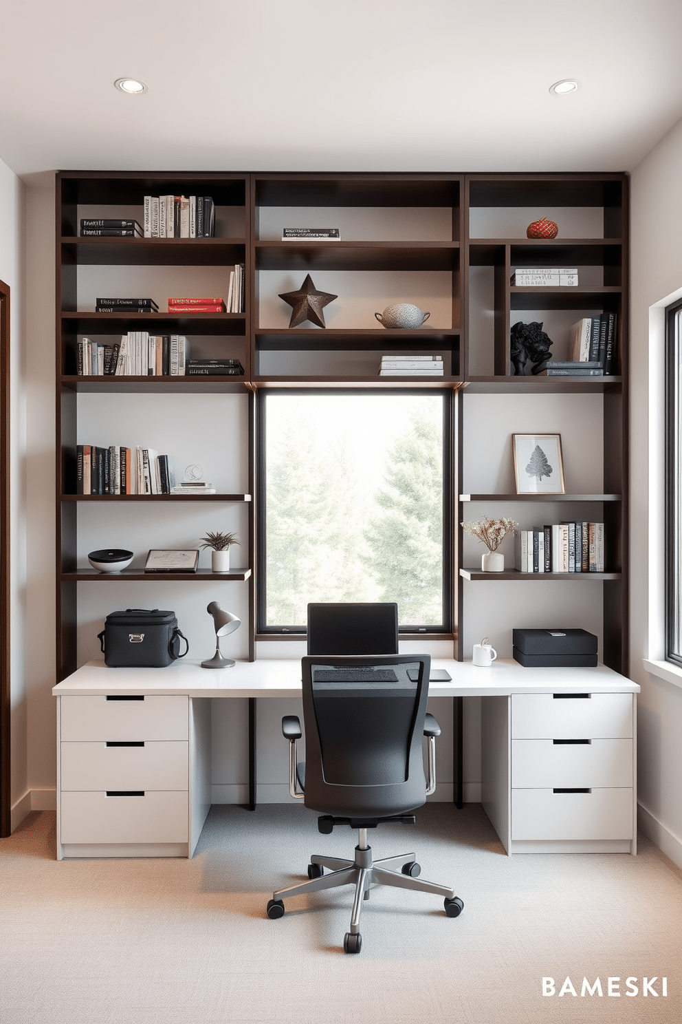 A modern home study room featuring wall-mounted shelves for space-saving storage. The shelves are made of sleek, dark wood and are filled with books and decorative items, creating an organized yet stylish look. A large, minimalist desk sits beneath the shelves, with a comfortable ergonomic chair positioned in front of it. Natural light floods the room through a large window, illuminating a neutral color palette of soft grays and whites.