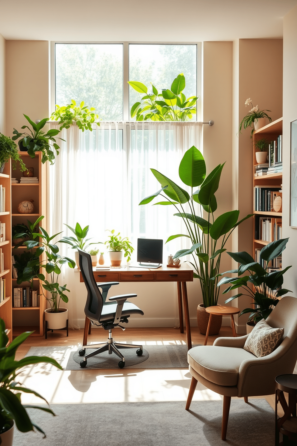 A serene home study room filled with natural light. The walls are painted in a soft beige, and a large window is adorned with sheer white curtains, allowing sunlight to filter through. A sleek wooden desk sits in the center, paired with a comfortable ergonomic chair. Lush green plants are placed on the windowsill and in the corners, creating a refreshing and inviting atmosphere. Bookshelves line one wall, filled with neatly organized books and decorative items. A cozy reading nook with a plush armchair and a small side table is nestled beside the plants, making it the perfect spot for relaxation and inspiration.