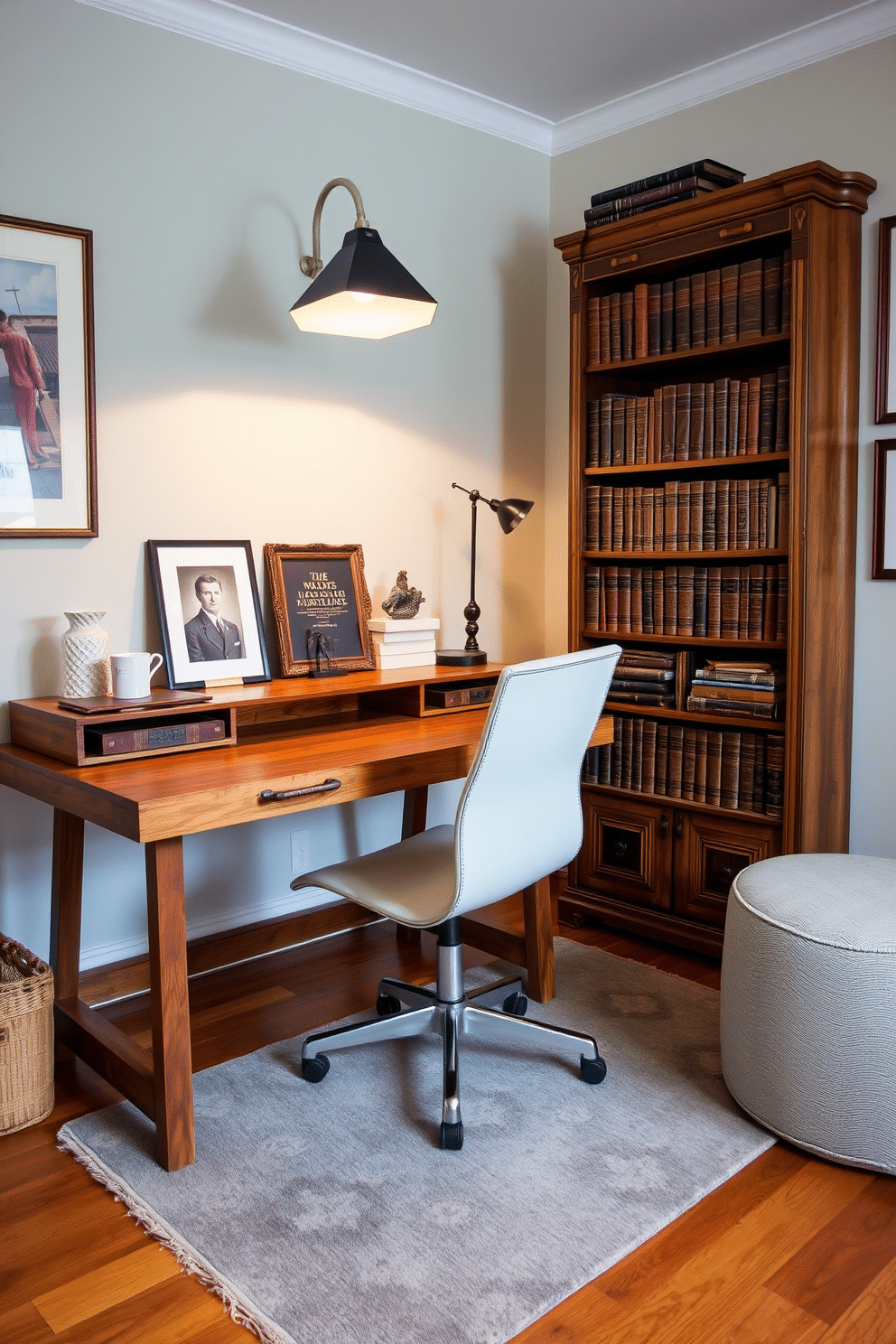 A cozy home study room featuring vintage decor with a modern twist. The room is adorned with a reclaimed wood desk paired with a sleek, contemporary chair, while an antique bookshelf filled with leather-bound books stands against the wall. Soft, ambient lighting is provided by a stylish pendant lamp that complements the vintage aesthetic. A plush area rug in muted tones adds warmth to the hardwood floor, and framed art pieces blend classic and modern styles, creating an inviting workspace.