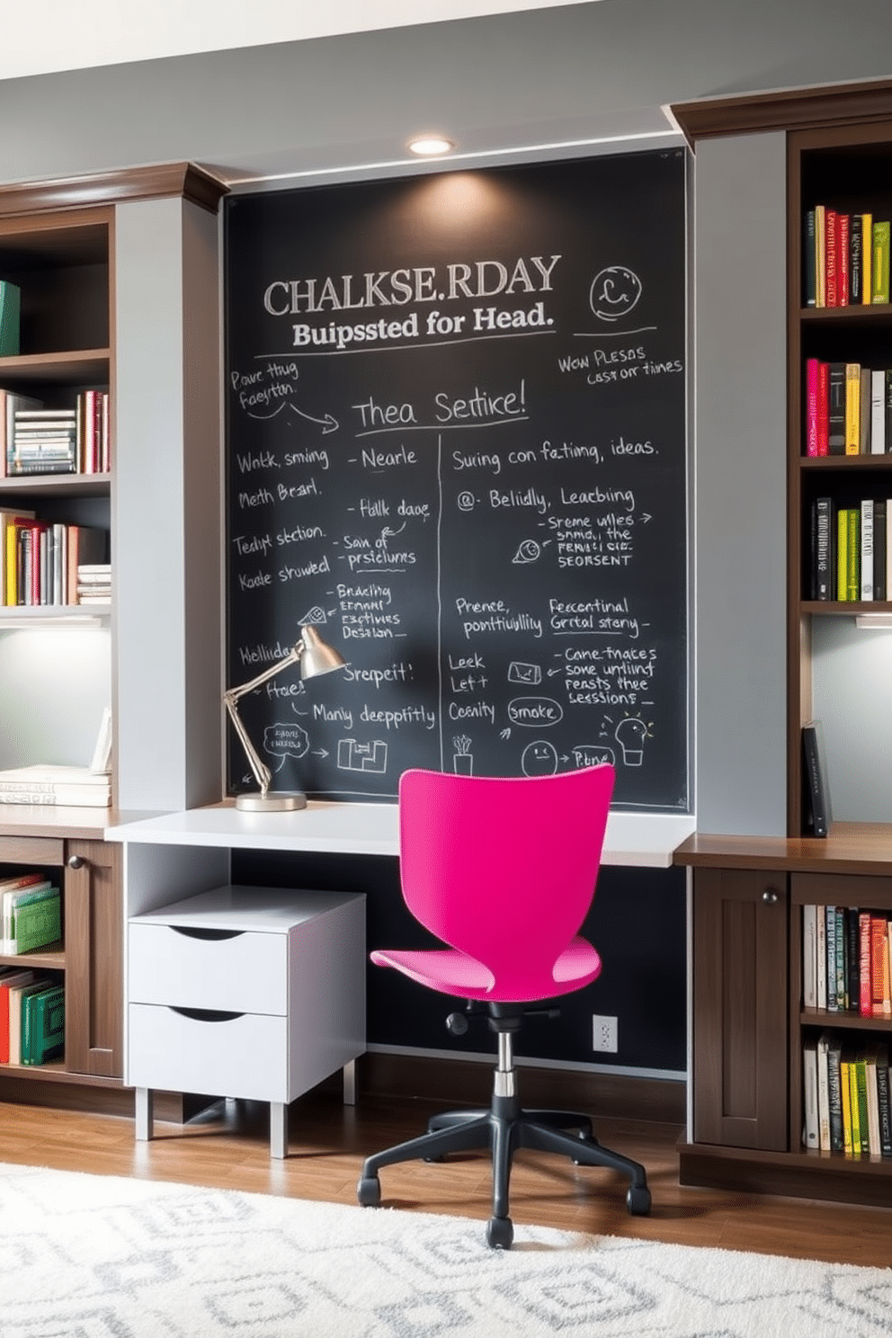 A creative chalkboard wall serves as the focal point of this home study room, encouraging brainstorming and idea generation. The surrounding walls are painted in a soft gray, complementing the dark wood of the built-in bookshelves filled with colorful books. A sleek, modern desk sits against the chalkboard wall, featuring a minimalist design with clean lines. A comfortable ergonomic chair in a vibrant hue adds a pop of color, while a stylish desk lamp provides focused lighting for late-night study sessions.