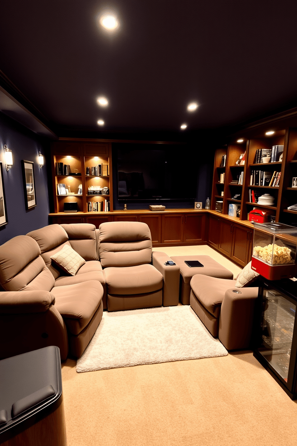 A cozy sectional sofa with recliners is positioned in the center of the basement, surrounded by soft ambient lighting. The walls are painted in a deep navy blue, creating an inviting atmosphere, while a plush area rug adds warmth underfoot. In the corner, a large screen is mounted for movie viewing, complemented by built-in shelves filled with books and decorative items. A popcorn machine and a mini-fridge are conveniently placed nearby, enhancing the home theater experience.