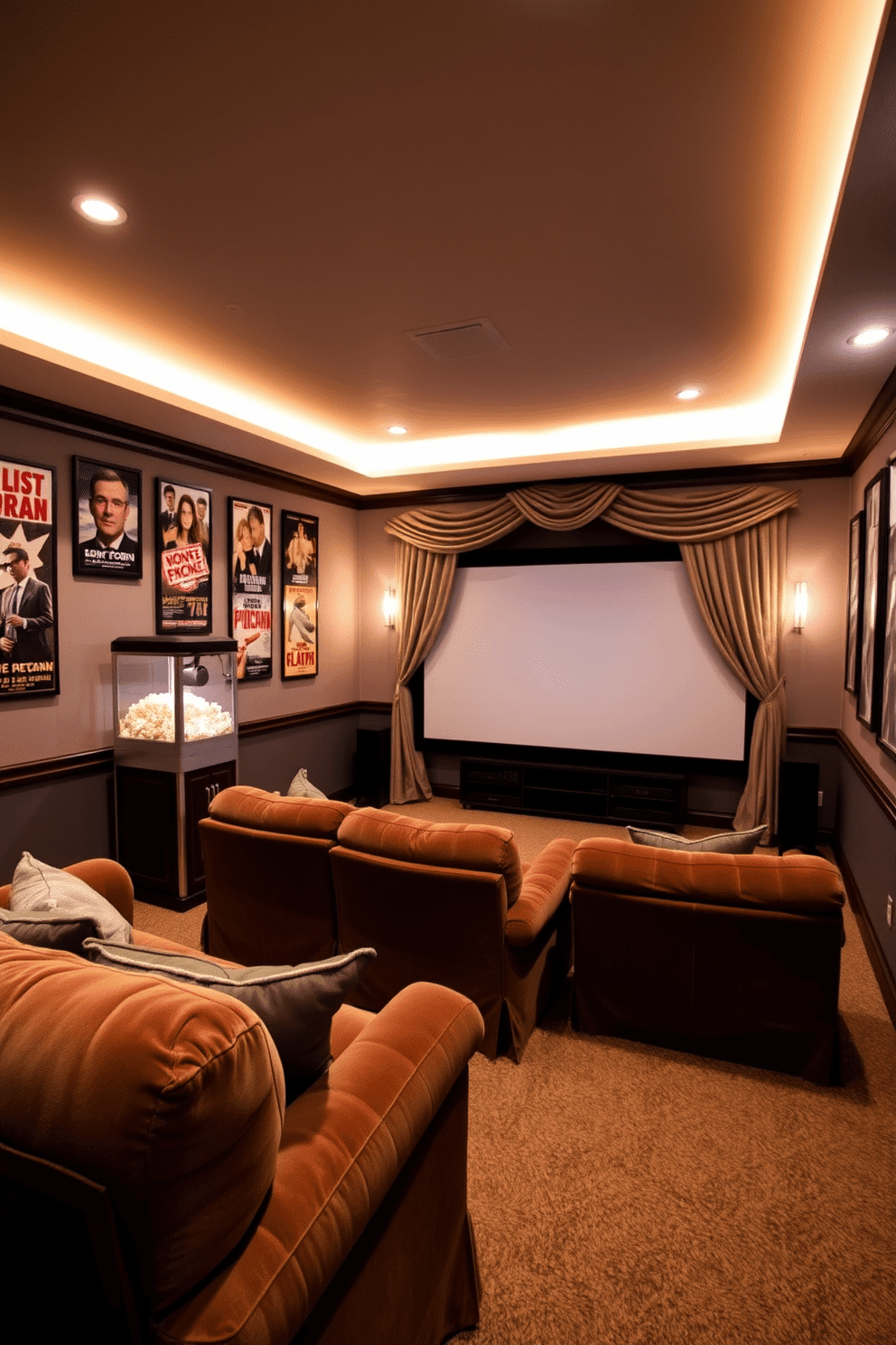 A cozy home theater basement inspired by classic films. The walls are adorned with vintage movie posters, and plush, oversized seating creates an inviting atmosphere. Soft, dimmable lighting enhances the cinematic experience, while a large screen is framed by elegant drapery. A popcorn machine sits in the corner, adding a touch of nostalgia to the space.