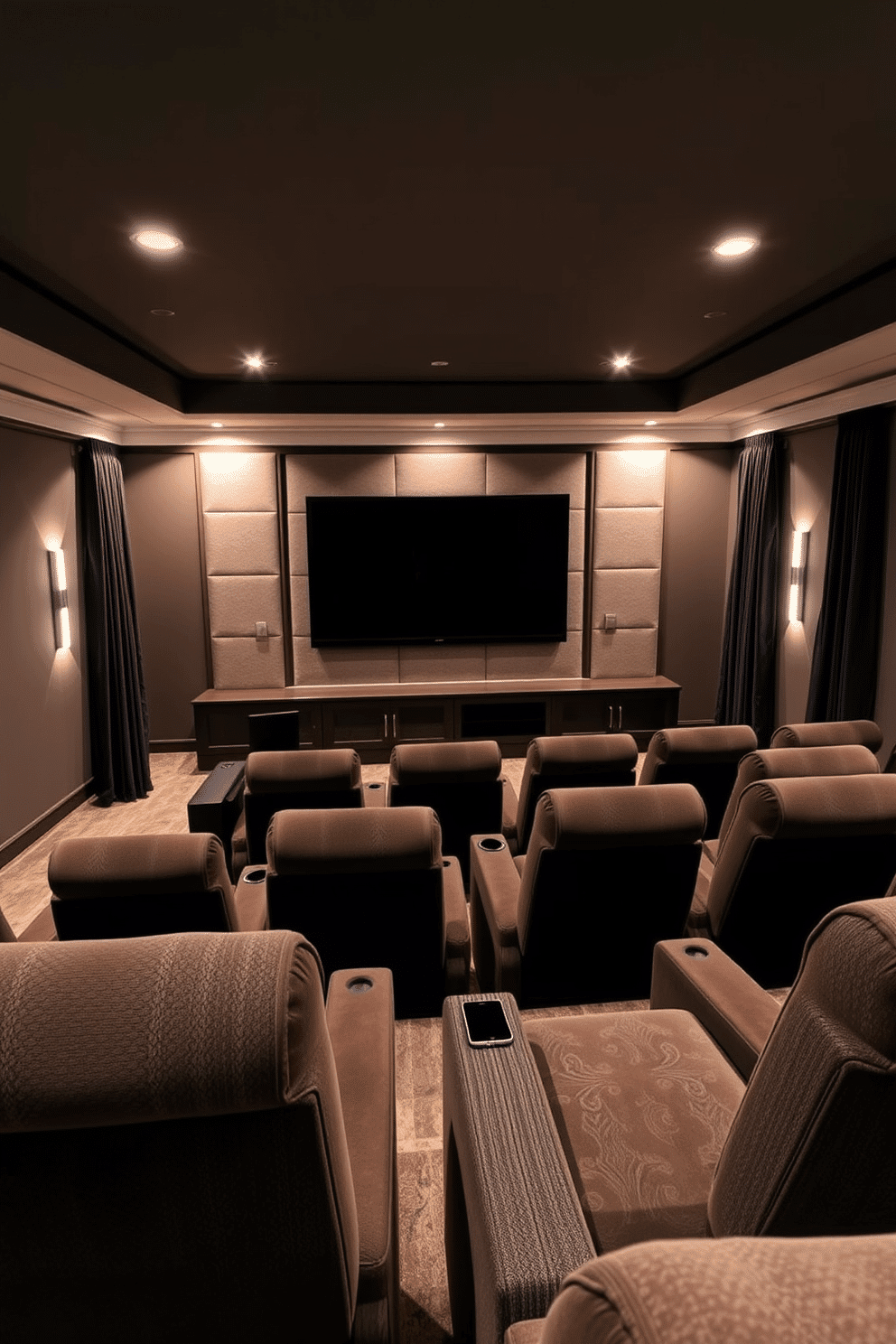 A luxurious home theater basement featuring a large screen TV mounted on a feature wall with acoustic panels. Plush, reclining seats are arranged in a tiered layout, complemented by soft ambient lighting and dark, sound-absorbing curtains.