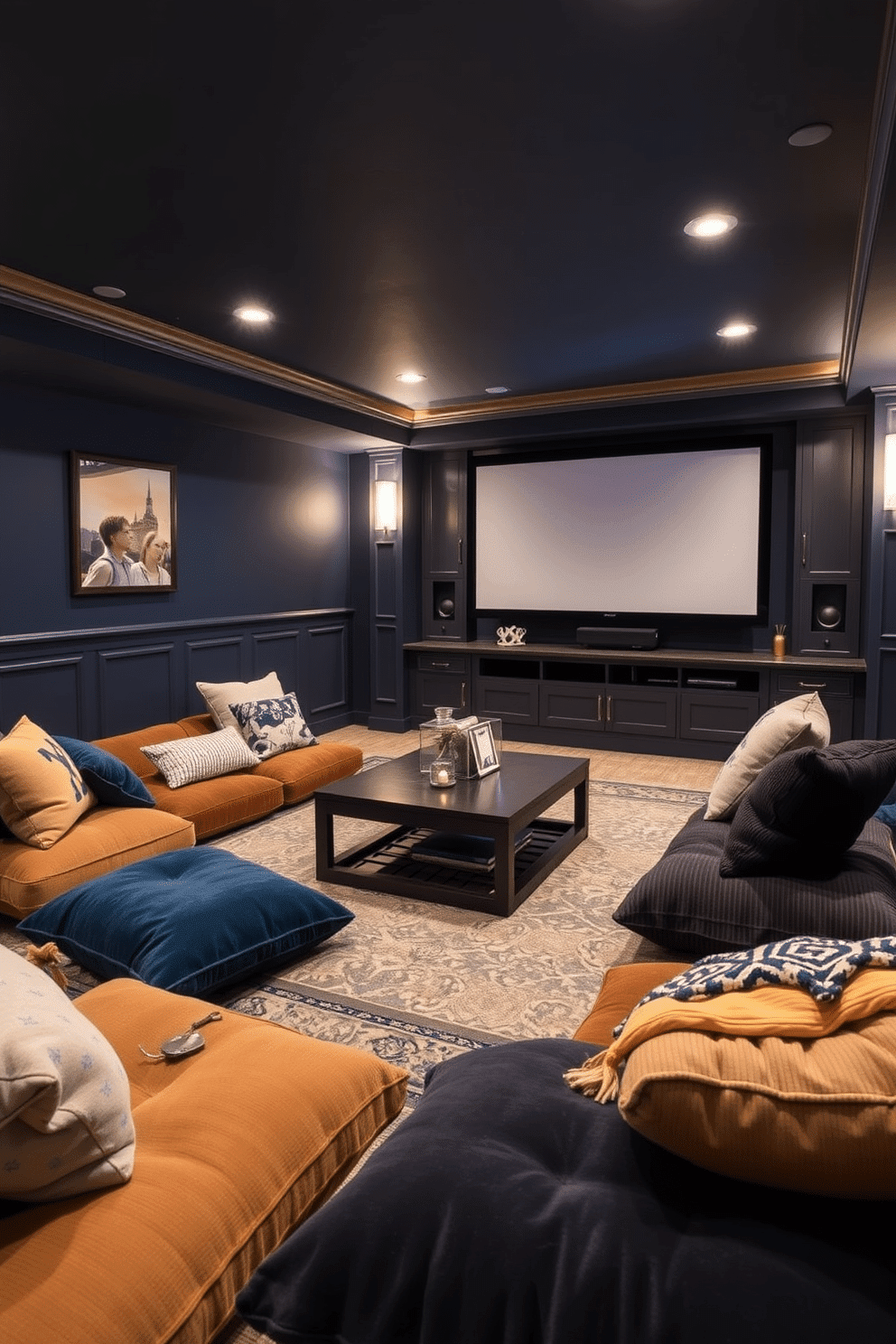 A cozy home theater basement designed for relaxation features plush floor cushions scattered around a low coffee table, creating an inviting atmosphere for casual lounging. The walls are painted a deep navy blue, with soft ambient lighting and a large screen mounted for movie nights, complemented by a sound system hidden within custom cabinetry. Incorporating various textures, the floor cushions come in rich fabrics like velvet and corduroy, inviting guests to sink in comfortably. A patterned area rug anchors the space, adding warmth and style, while decorative throw pillows enhance the casual vibe.