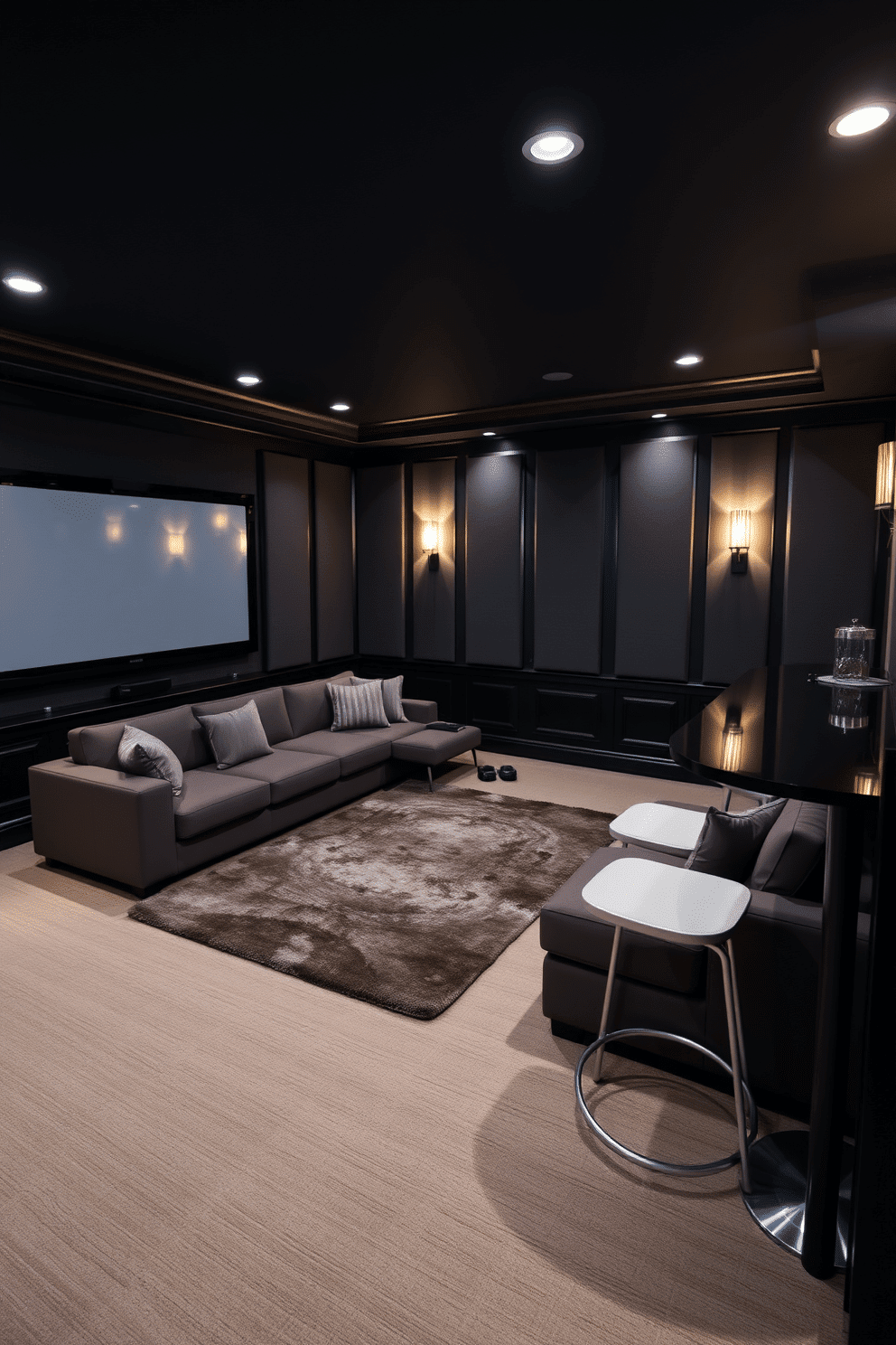 A cozy home theater basement features a plush sectional sofa arranged around a large screen, with soft ambient lighting creating an inviting atmosphere. A luxurious area rug defines the seating area, adding warmth and texture while complementing the dark, rich tones of the room. The walls are adorned with acoustic panels for soundproofing, enhancing the cinematic experience. Decorative sconces provide additional lighting, and a sleek snack bar with stylish stools completes the space, making it perfect for movie nights.