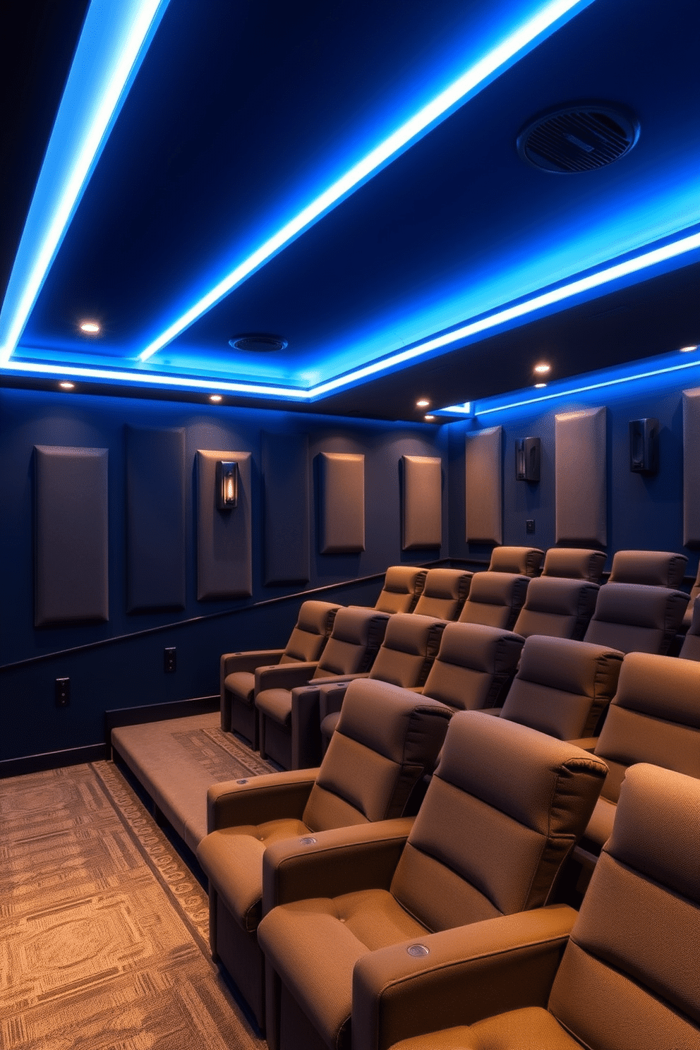 A luxurious home theater basement featuring plush, tiered seating arranged for optimal viewing. The walls are painted a deep navy blue, with acoustic panels discreetly integrated to enhance sound quality. A state-of-the-art sound system is installed, complete with surround sound speakers mounted in the corners for an immersive audio experience. Ambient LED lighting runs along the edges of the ceiling, creating a cozy atmosphere perfect for movie nights.