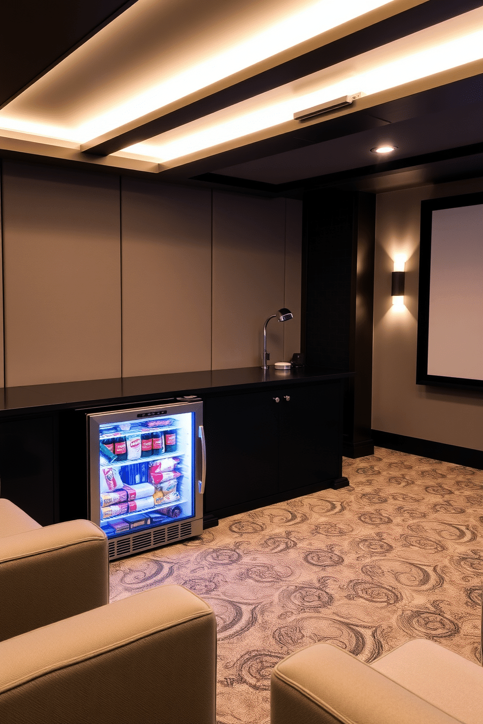 A stylish home theater basement featuring a sleek mini fridge for snacks and drinks. The space is designed with plush seating, dimmable LED lighting, and a large screen, creating the perfect atmosphere for movie nights.