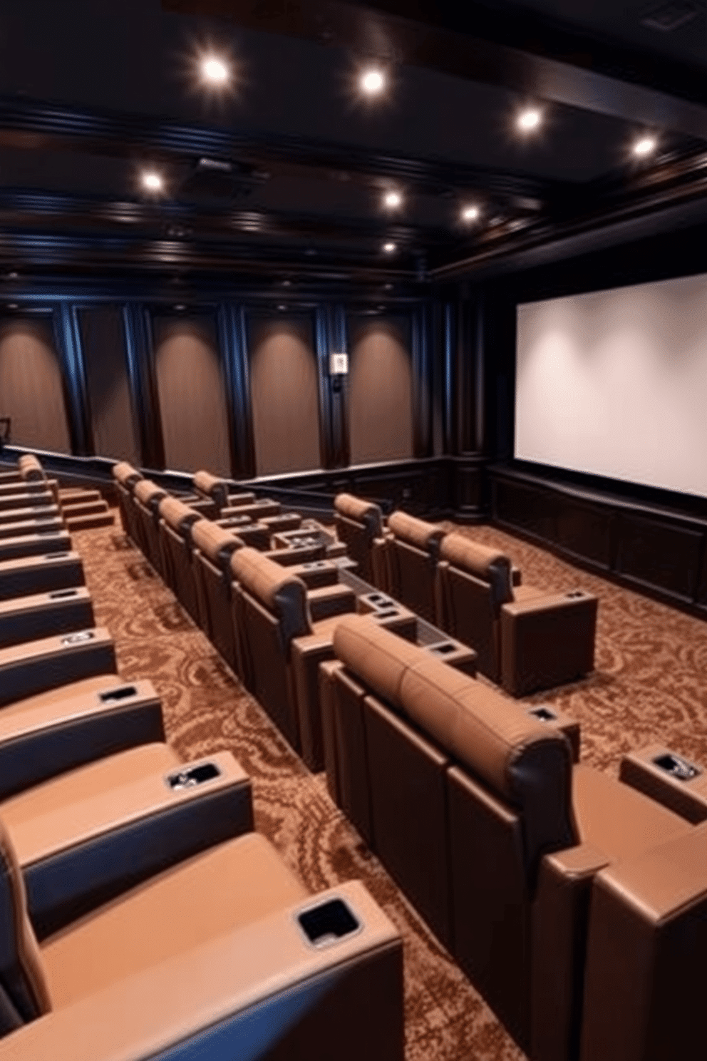 A luxurious home theater basement featuring plush theater-style seating arranged in a slight incline for optimal viewing. Each seat is equipped with built-in cup holders, and the walls are adorned with dark acoustic panels to enhance sound quality. The room is illuminated by subtle recessed lighting and a large projection screen dominates the front wall. Rich, dark wood accents and a plush carpet create a warm, inviting atmosphere perfect for movie nights.