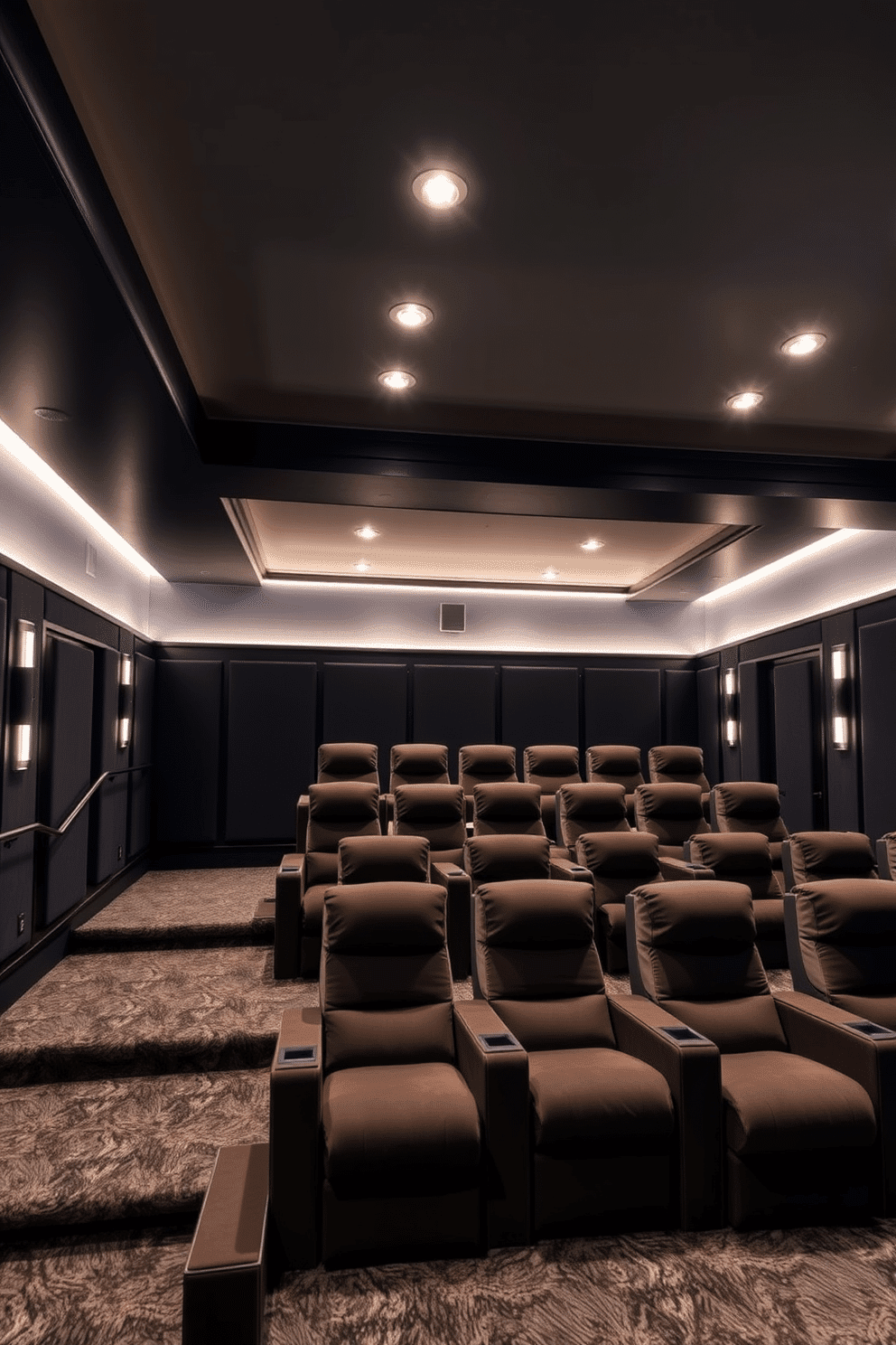 A luxurious home theater basement featuring recessed lighting that allows for adjustable brightness to create the perfect ambiance for movie nights. The space is equipped with plush, oversized seating arranged in a tiered layout, complemented by dark acoustic wall panels to enhance sound quality.