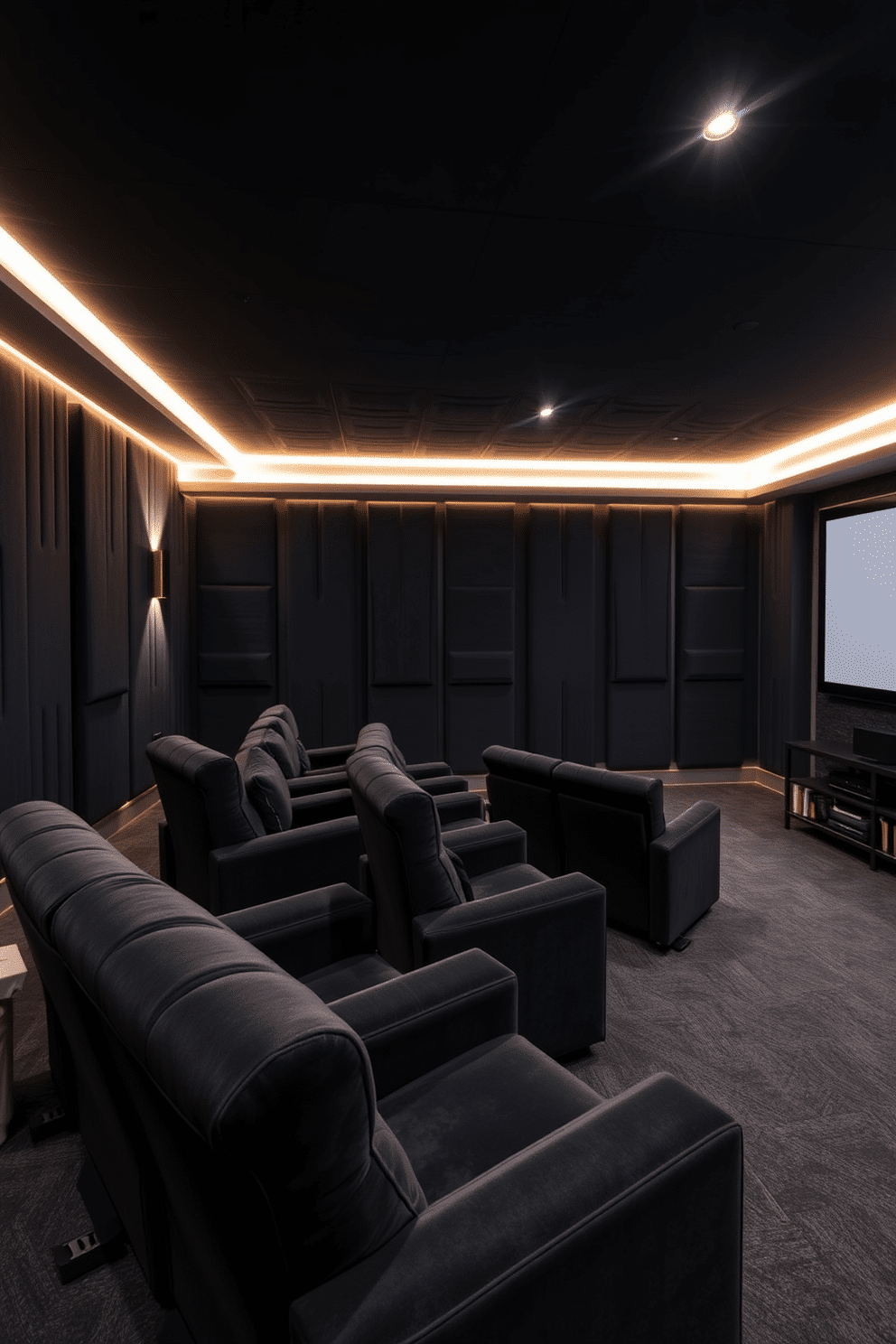 A modern home theater basement featuring soundproof walls lined with stylish acoustic panels in a deep charcoal color. Plush, dark gray seating is arranged in a tiered layout, with a large screen mounted on the opposite wall, creating an immersive cinematic experience. Soft LED lighting is integrated into the ceiling, providing a warm ambiance that complements the rich textures of the room. A sleek, built-in cabinet houses audio equipment and movie collections, enhancing both functionality and design.