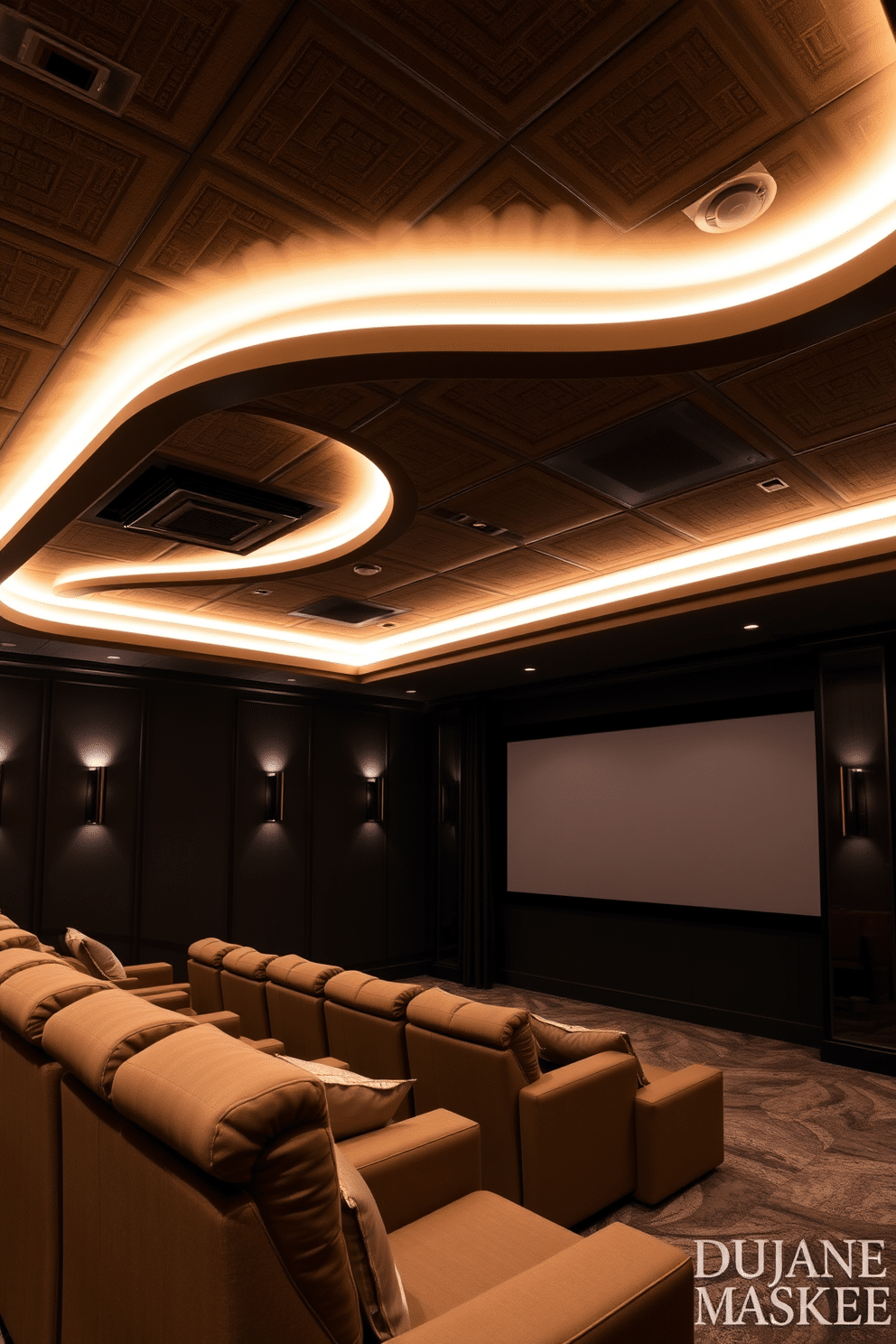 A luxurious home theater in a basement setting features acoustic ceiling tiles that enhance sound quality and create an immersive viewing experience. The walls are adorned with dark, rich colors, and plush seating is arranged for optimal comfort and sightlines. Soft ambient lighting is integrated into the ceiling design, providing a warm glow that complements the cinematic atmosphere. A large screen is the focal point, framed by elegant drapery that adds a touch of sophistication to the overall design.