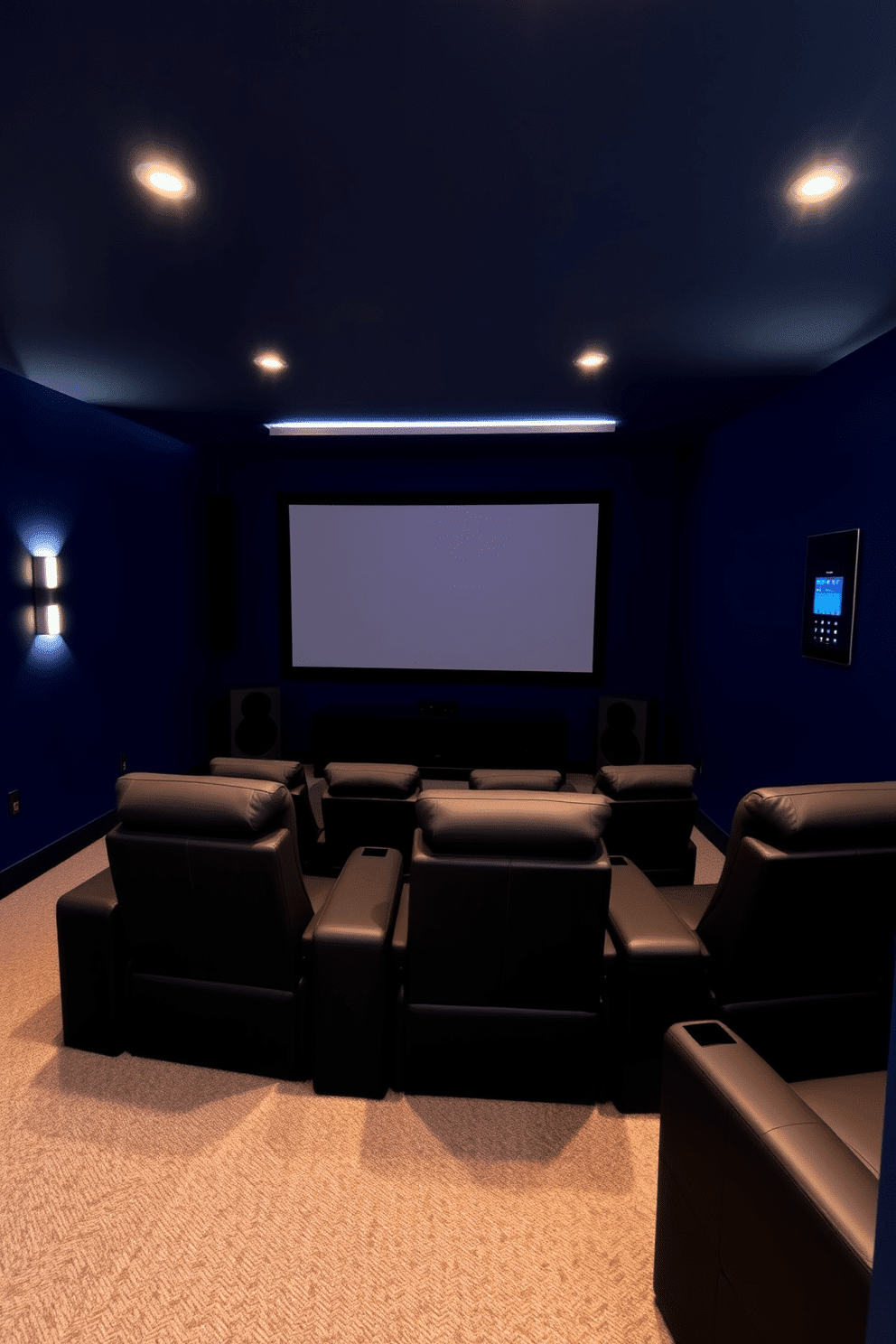 A modern home theater in a basement with smart home integration features. The room is equipped with a large, wall-mounted screen and surround sound speakers, with comfortable reclining chairs arranged for optimal viewing. The walls are painted a deep navy blue, creating an immersive atmosphere, while LED strip lighting adds a touch of elegance. A sleek control panel is mounted on the side wall, allowing seamless access to all smart home functions, including lighting and audio.