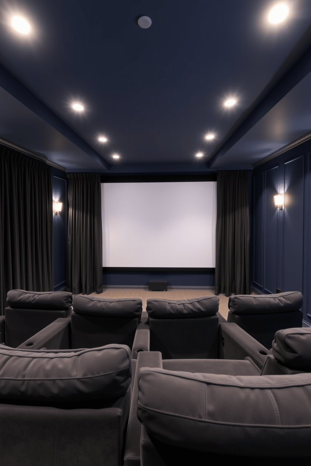 A cozy home theater basement featuring plush, dark-colored seating arranged in a semi-circle around a large screen. The walls are painted a deep navy blue, with soundproofing panels that enhance acoustics and create an immersive experience. Floor-to-ceiling blackout curtains frame the screen, allowing for complete light control and privacy when needed. Soft, ambient lighting is incorporated into the design, with recessed lights and sconces that provide a warm glow without distracting from the film.