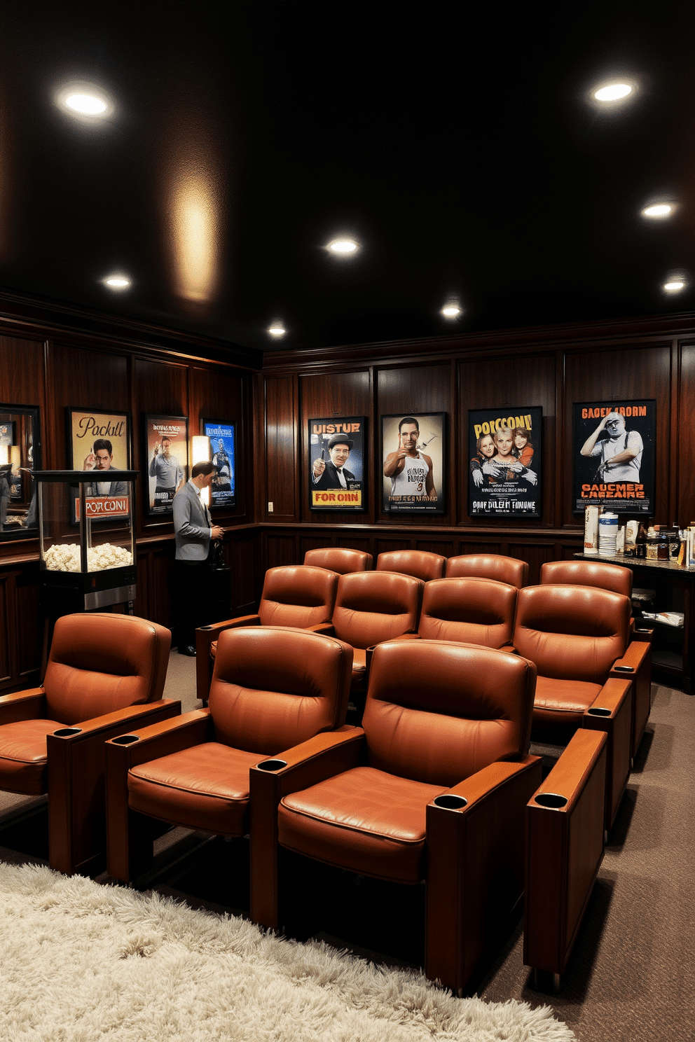 A cozy home theater basement featuring vintage cinema seats arranged in a semi-circle for an immersive viewing experience. The walls are adorned with classic movie posters, and soft, warm lighting creates an inviting atmosphere. Rich, dark wood paneling enhances the nostalgic feel, while a plush area rug adds comfort underfoot. A popcorn machine sits in the corner, and a custom-built bar offers a selection of snacks and drinks for movie nights.