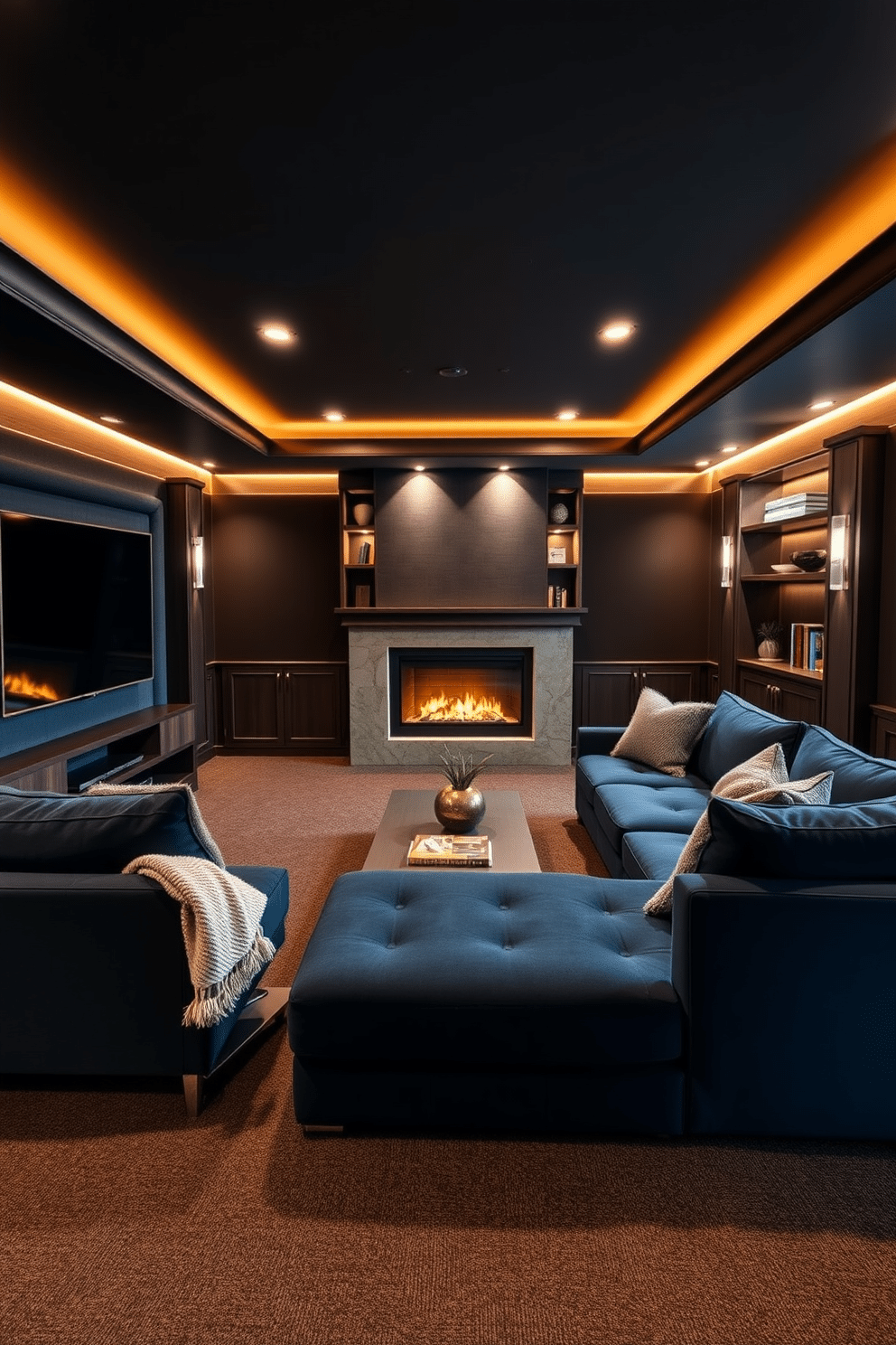 A cozy home theater basement featuring a large, plush sectional sofa in deep navy blue, positioned facing a sleek, wall-mounted flat-screen TV. The walls are adorned with soundproof panels in a rich charcoal color, and warm recessed lighting creates an inviting atmosphere. A modern fireplace is integrated into the design, framed by built-in shelves displaying books and decorative items. The flooring is a soft, dark carpet that enhances comfort, while a stylish coffee table sits at the center, surrounded by soft throw blankets for added warmth and ambiance.