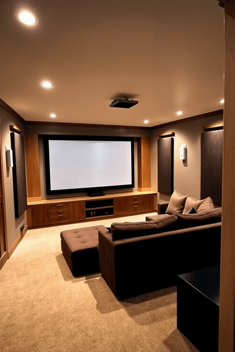 A sleek home theater basement features a comfortable sectional sofa facing a large, wall-mounted screen. Built-in cabinetry along the walls provides hidden storage for media equipment and accessories, maintaining a clean and uncluttered aesthetic. The room is illuminated by recessed lighting, creating a cozy atmosphere perfect for movie nights. Dark acoustic panels adorn the walls, enhancing sound quality while adding a touch of sophistication to the design.