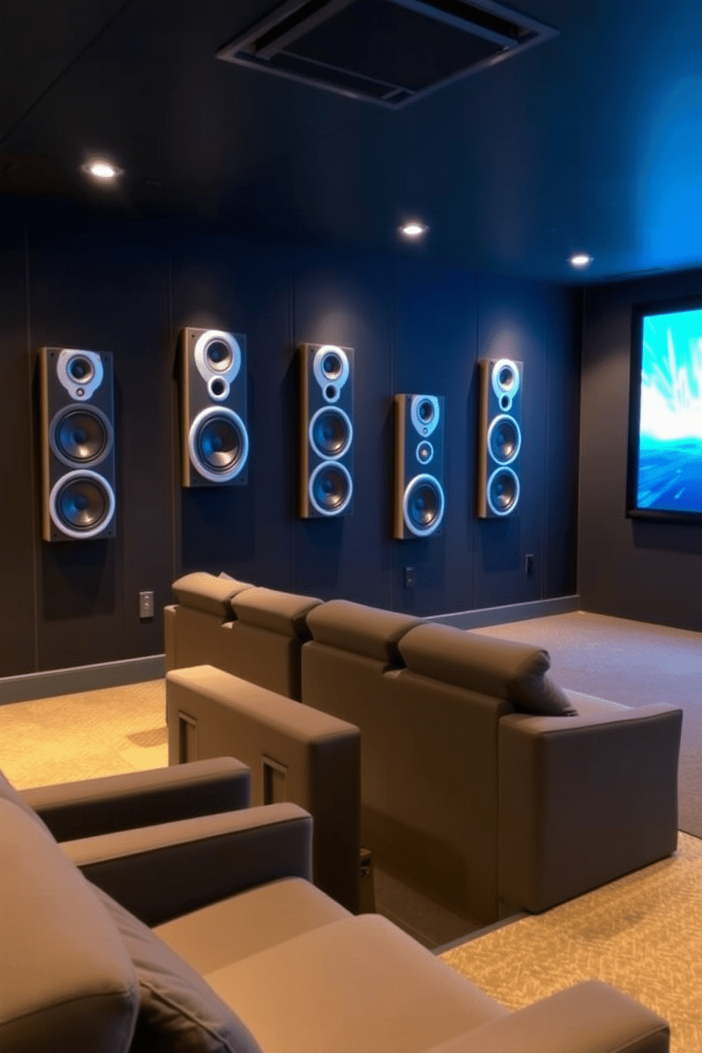 A modern home theater basement featuring wall-mounted speakers seamlessly integrated into the design. The space includes plush seating arranged for optimal viewing, with ambient lighting that enhances the cinematic experience.