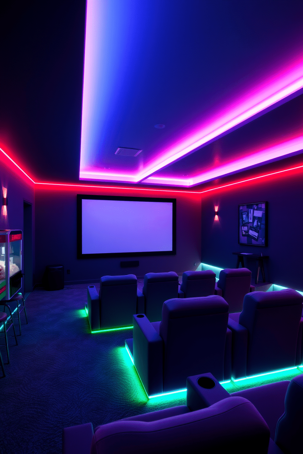 A cozy home theater basement with color-changing LED lights that create a dynamic ambiance. The walls are dark gray, and plush seating is arranged in a tiered layout, with a large projection screen at the front. The LED lights are strategically placed along the ceiling and baseboards, allowing for customizable colors to enhance the viewing experience. A sleek popcorn machine and a small bar area with stylish stools complete the inviting atmosphere.