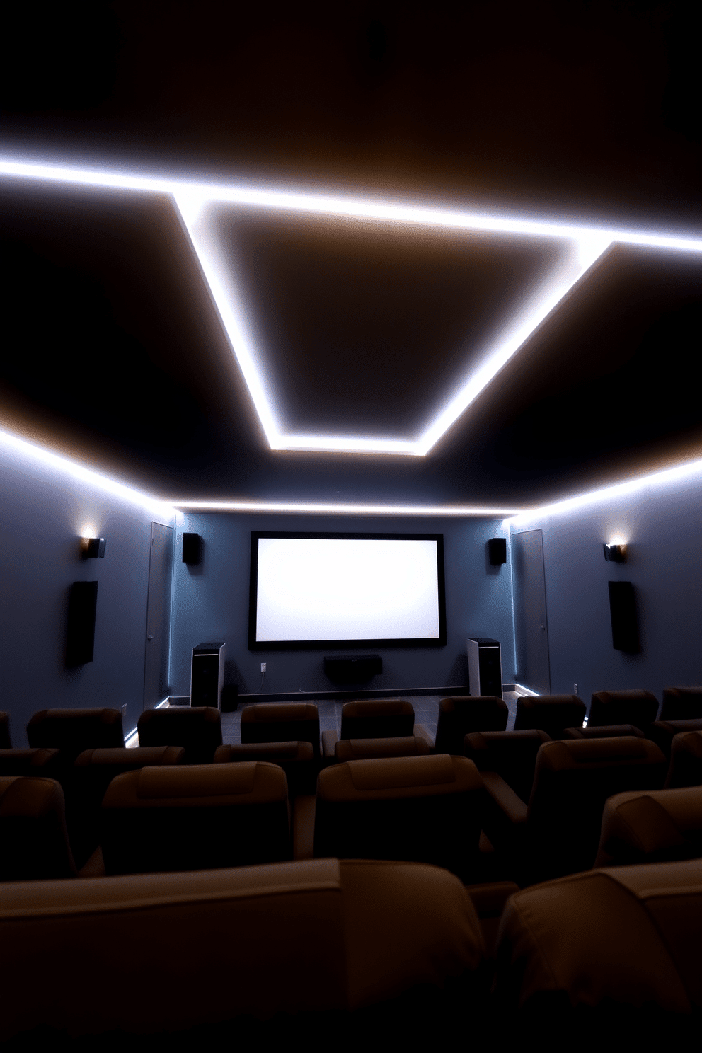 A modern home theater basement featuring LED strip lighting along the ceiling, creating an ambient glow that enhances the cinematic experience. Plush, dark-colored seating is arranged in a tiered layout, facing a large, wall-mounted screen with surround sound speakers strategically placed for optimal audio.