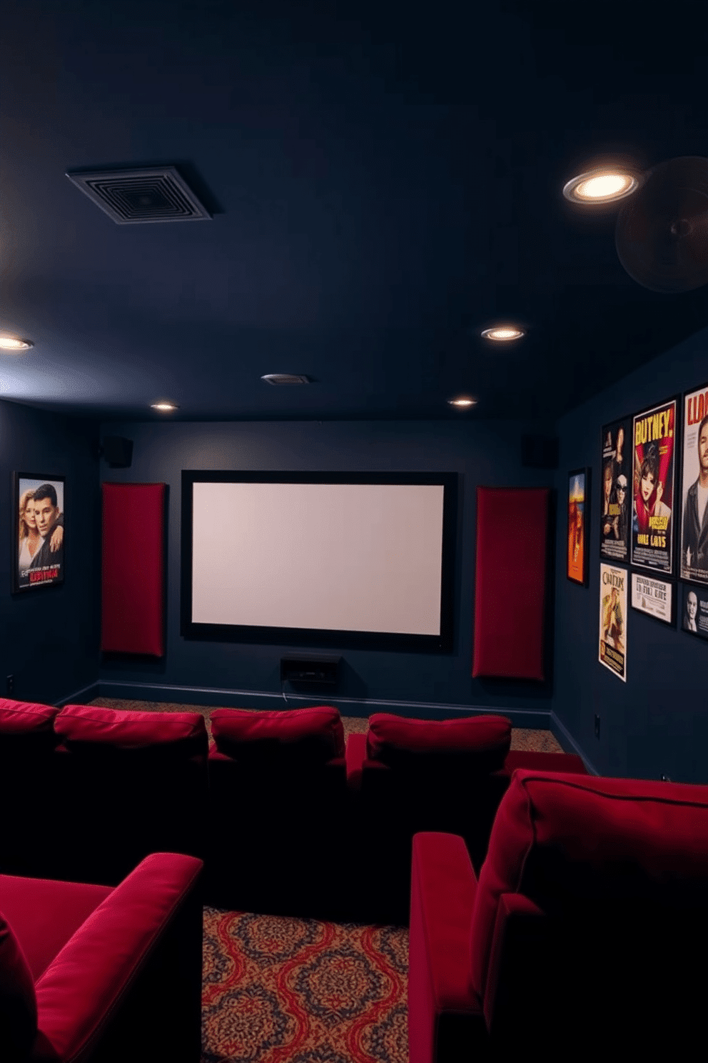 A cozy home theater basement featuring vintage movie posters as wall art. The walls are painted a deep navy blue, creating a cinematic atmosphere, while plush seating in rich burgundy invites relaxation. A large screen is mounted on the front wall, flanked by soundproof panels that enhance the acoustic experience. Soft, dimmable lighting fixtures are installed in the ceiling, casting a warm glow over the space, perfect for movie nights.