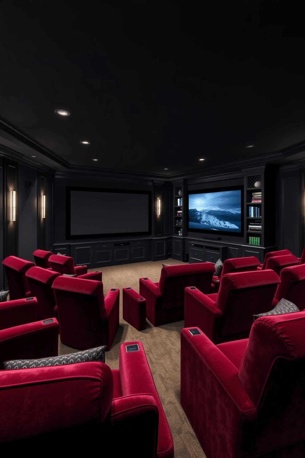 A luxurious home theater with dark, rich colors envelops the space, creating an intimate and cinematic atmosphere. Plush velvet seating in deep burgundy is arranged in a staggered layout, ensuring optimal viewing from every angle. The walls are painted in a charcoal gray, complemented by soft, dimmable lighting that highlights the room's elegant features. A large, high-definition screen dominates one wall, flanked by custom-built cabinetry housing an extensive multimedia collection.