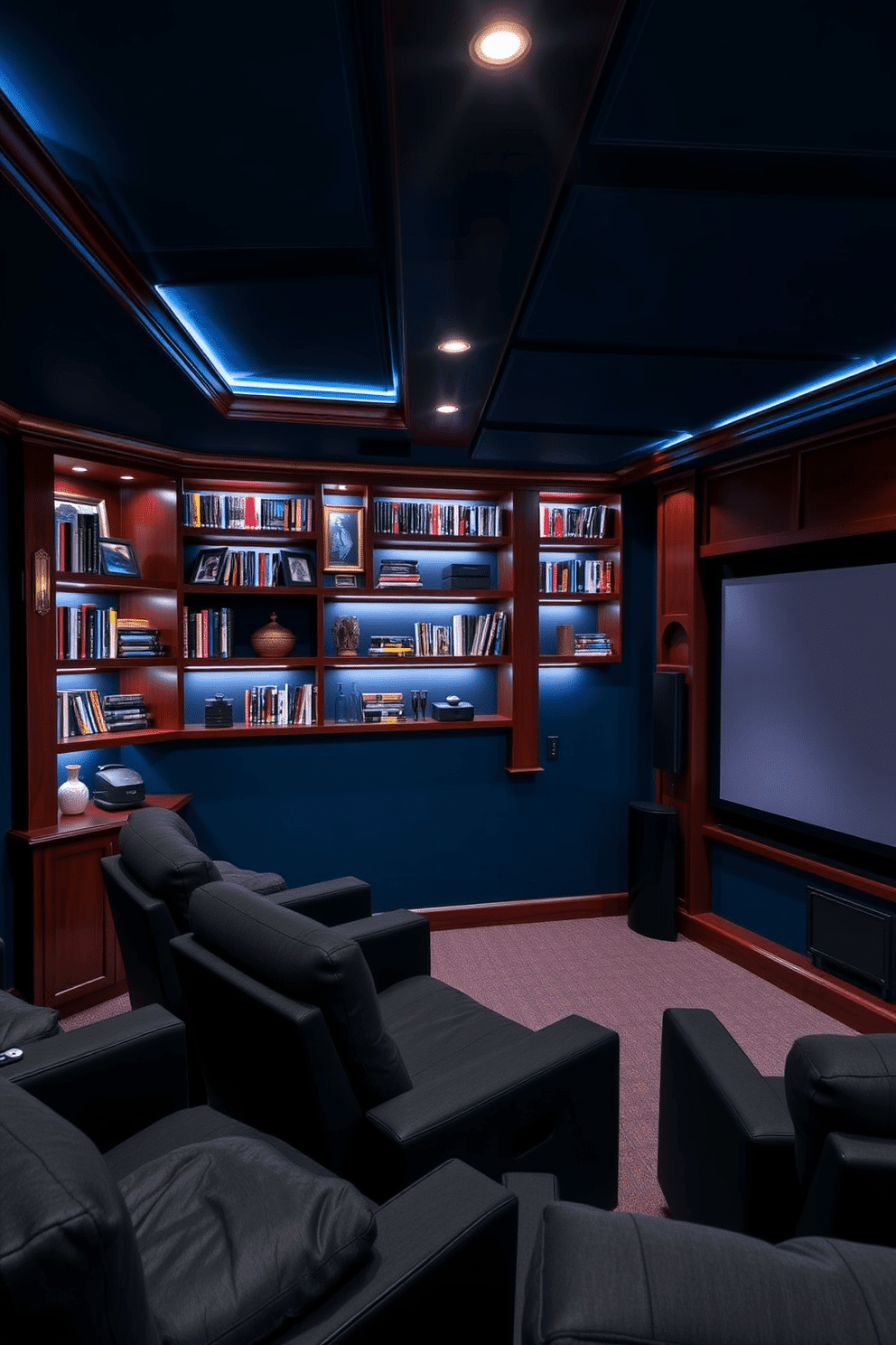 A cozy home theater basement features built-in shelves designed for DVD storage, crafted from rich mahogany wood that complements the dark, plush seating. The shelves are organized with a curated collection of DVDs and decorative items, illuminated by soft LED lights that create an inviting ambiance. The walls are painted in a deep navy blue, enhancing the cinematic experience, while the ceiling is adorned with acoustic panels for optimal sound quality. A large projector screen dominates one wall, with surround sound speakers strategically placed to create an immersive viewing environment.