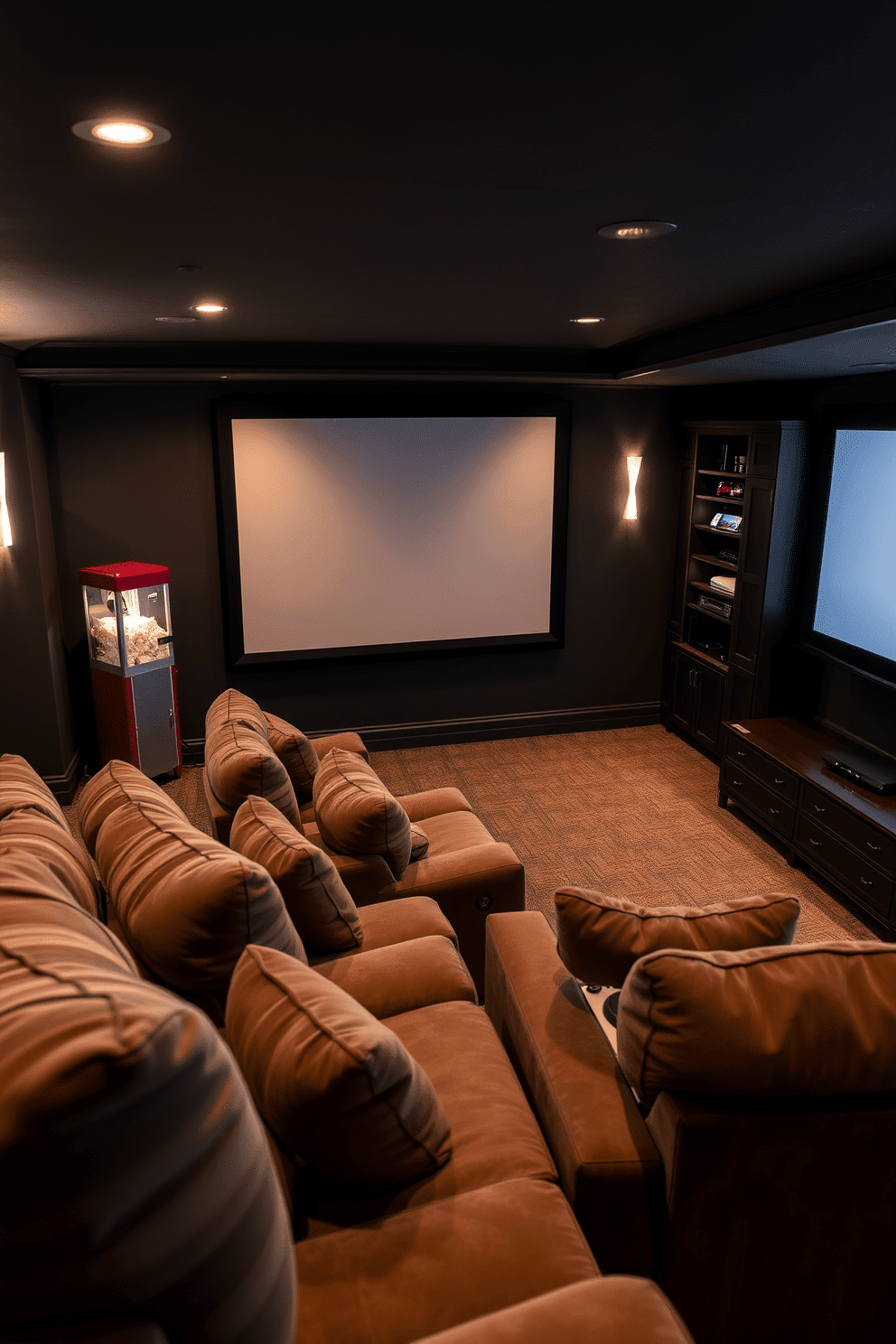 A cozy home theater basement features a vintage popcorn machine in the corner, adding an authentic movie experience. Plush, oversized seating is arranged in a tiered layout, with soft, ambient lighting illuminating the space for a cinematic atmosphere. The walls are adorned with dark acoustic panels, enhancing sound quality while providing a sleek look. A large projection screen dominates one wall, flanked by custom cabinetry that houses a collection of films and gaming consoles.