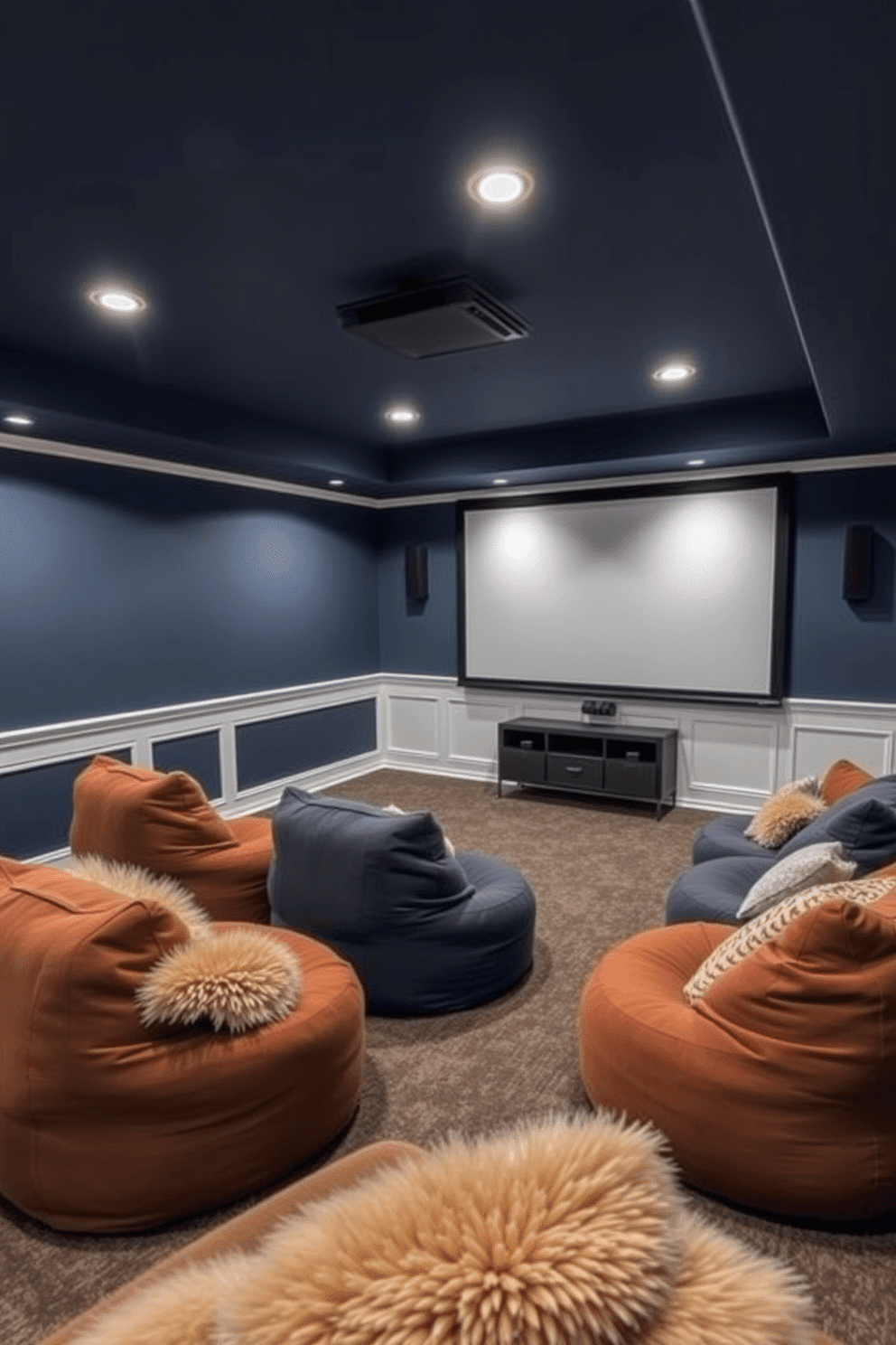 A cozy home theater basement features plush bean bags arranged in a semi-circle, creating an inviting atmosphere for movie nights. The walls are painted in a deep navy blue, complemented by soft ambient lighting and a large screen for an immersive viewing experience.