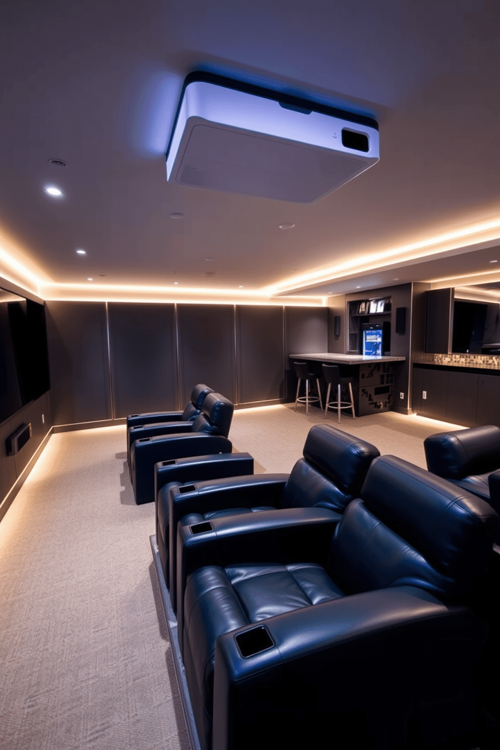 A modern home theater basement featuring a sleek wall-mounted projector that seamlessly integrates into the design. The seating area is furnished with plush, dark leather recliners arranged for optimal viewing, complemented by ambient LED lighting along the walls. The sound system is expertly installed, with speakers discreetly placed to enhance the cinematic experience. A stylish bar area with high-top stools and a mini-fridge is positioned to the side, creating a perfect space for entertaining guests during movie nights.